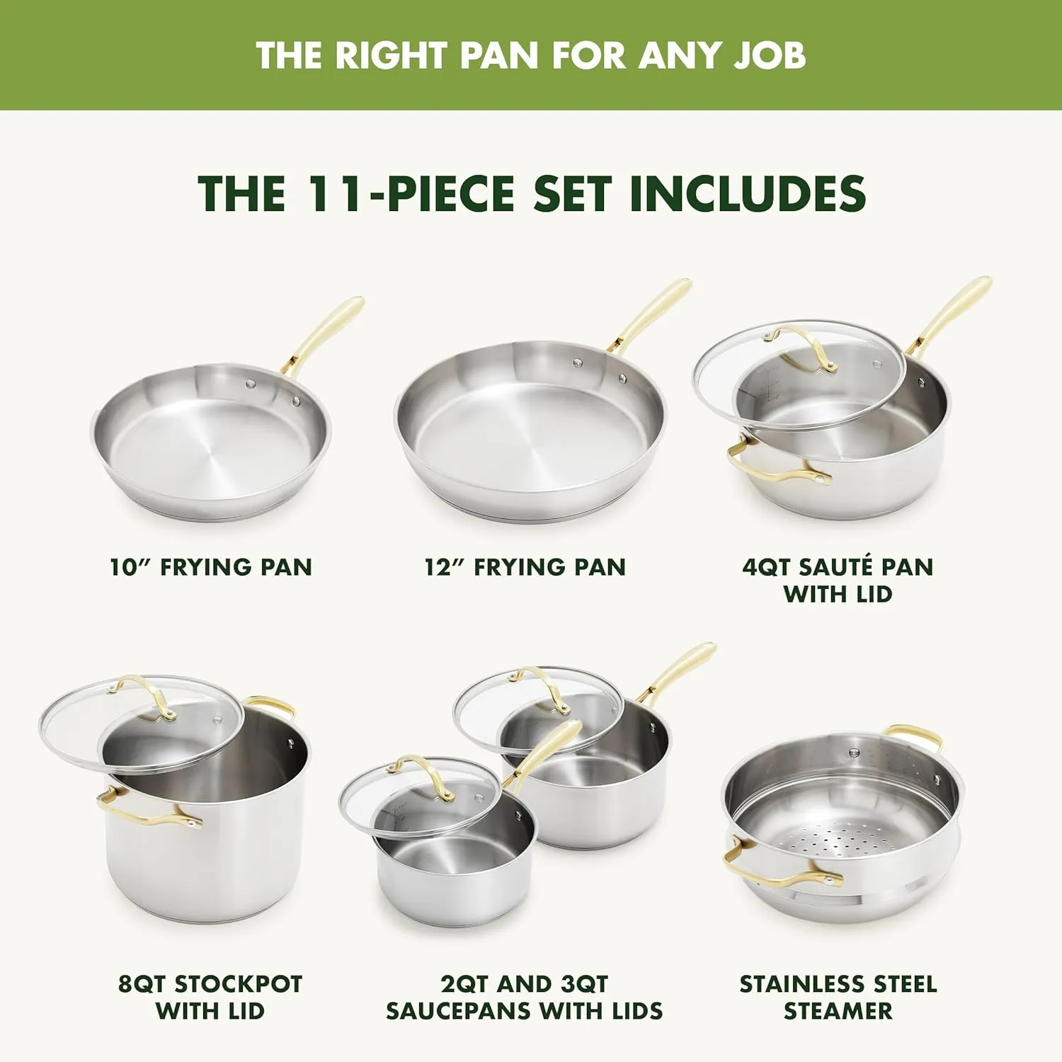 GreenPan Swift 11 Piece Stainless Steel Cookware Set, Non-Toxic PFAS-Free, Induction Safe Kitchen Pots & Pans, Interior Measurement Markings, Gold Handles & Lids, Steamer, Oven Safe, Silver