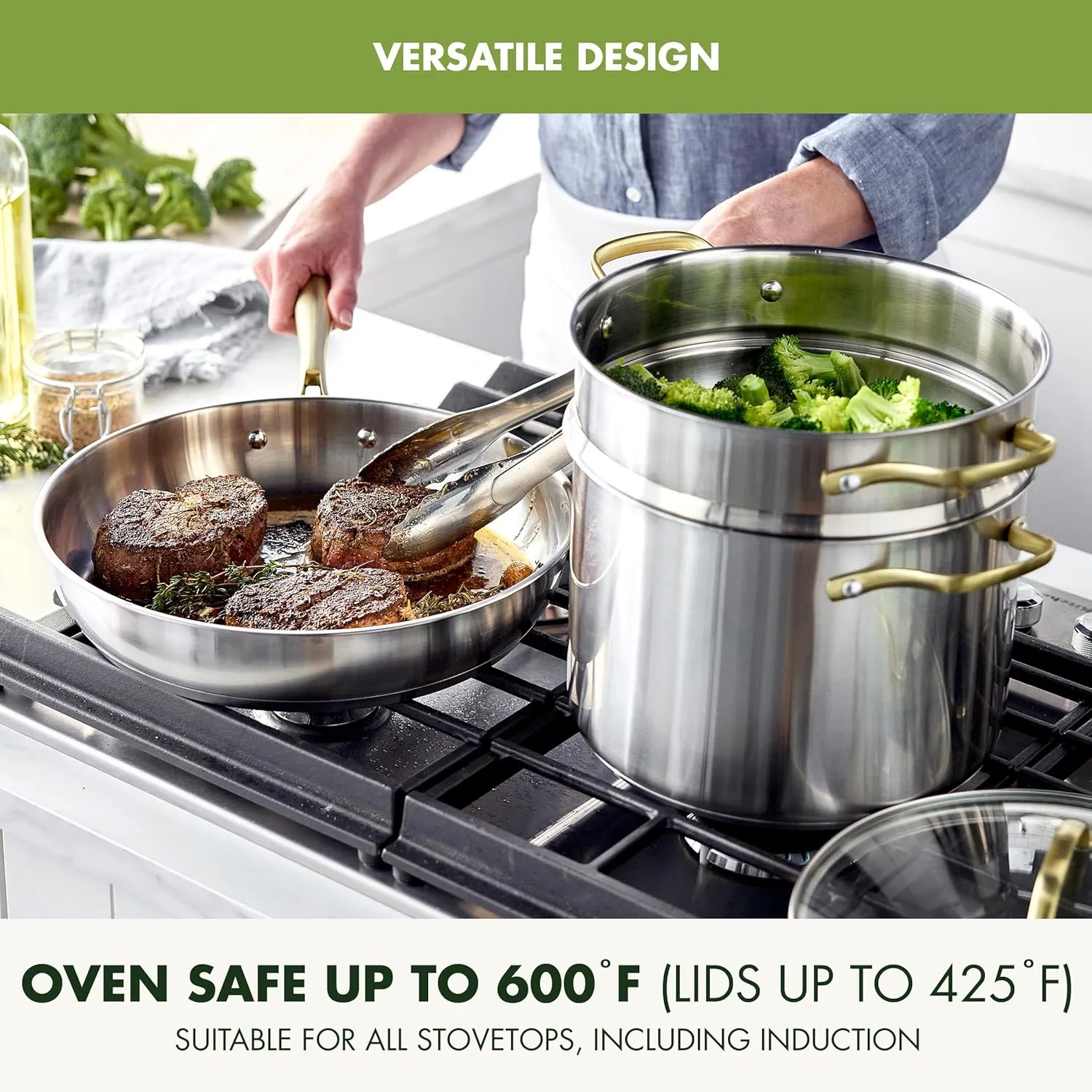 GreenPan Swift 11 Piece Stainless Steel Cookware Set, Non-Toxic PFAS-Free, Induction Safe Kitchen Pots & Pans, Interior Measurement Markings, Gold Handles & Lids, Steamer, Oven Safe, Silver