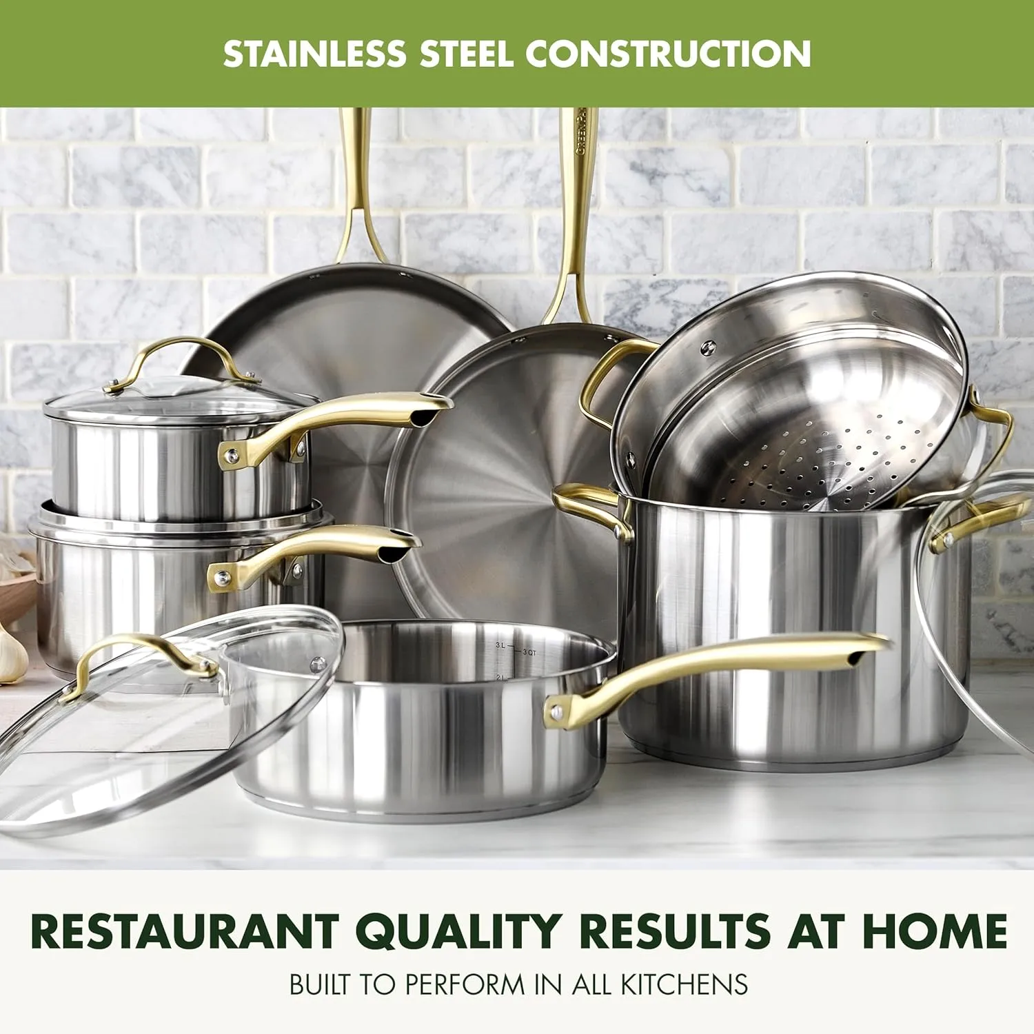 GreenPan Swift 11 Piece Stainless Steel Cookware Set, Non-Toxic PFAS-Free, Induction Safe Kitchen Pots & Pans, Interior Measurement Markings, Gold Handles & Lids, Steamer, Oven Safe, Silver