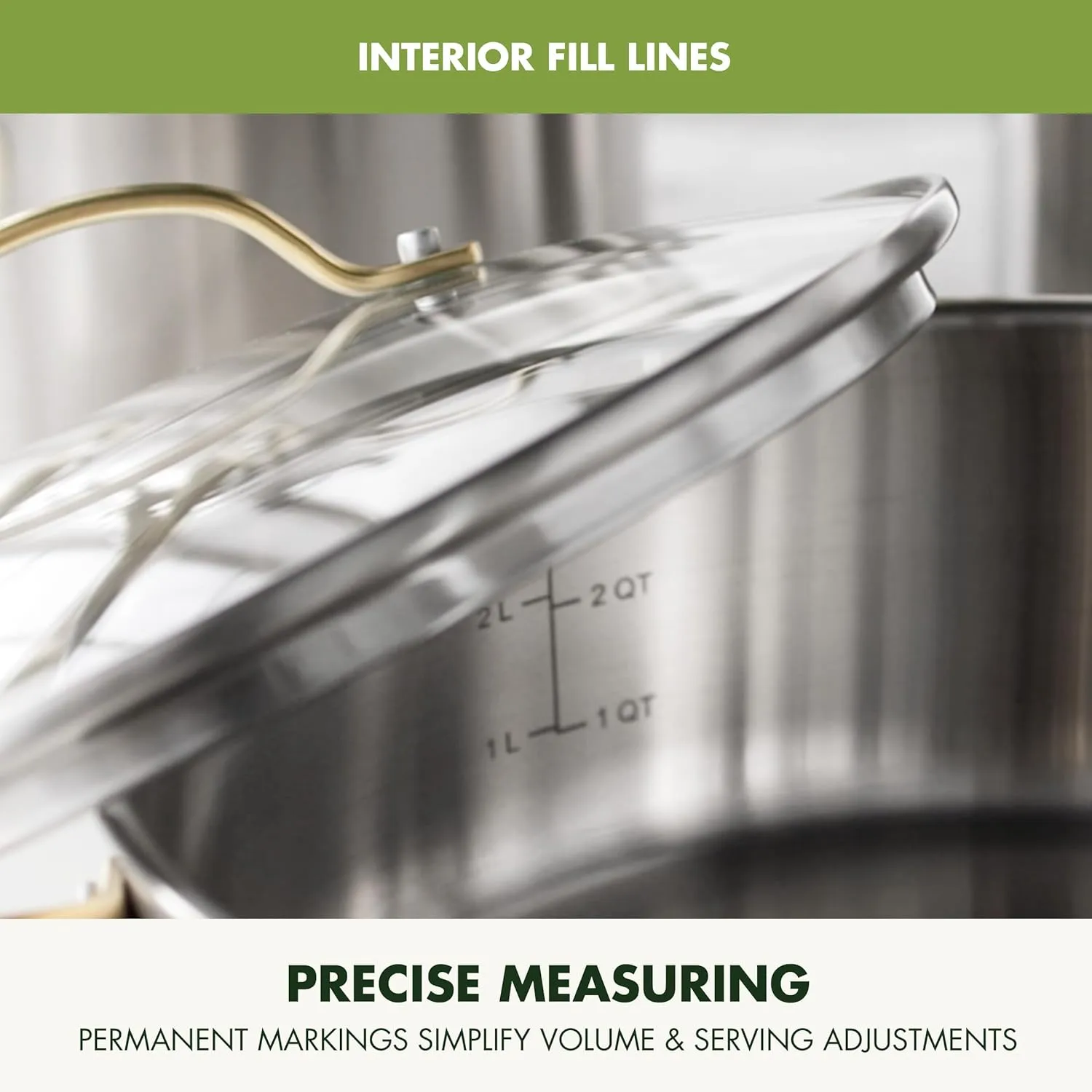 GreenPan Swift 11 Piece Stainless Steel Cookware Set, Non-Toxic PFAS-Free, Induction Safe Kitchen Pots & Pans, Interior Measurement Markings, Gold Handles & Lids, Steamer, Oven Safe, Silver