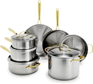 GreenPan Swift 11 Piece Stainless Steel Cookware Set, Non-Toxic PFAS-Free, Induction Safe Kitchen Pots & Pans, Interior Measurement Markings, Gold Handles & Lids, Steamer, Oven Safe, Silver
