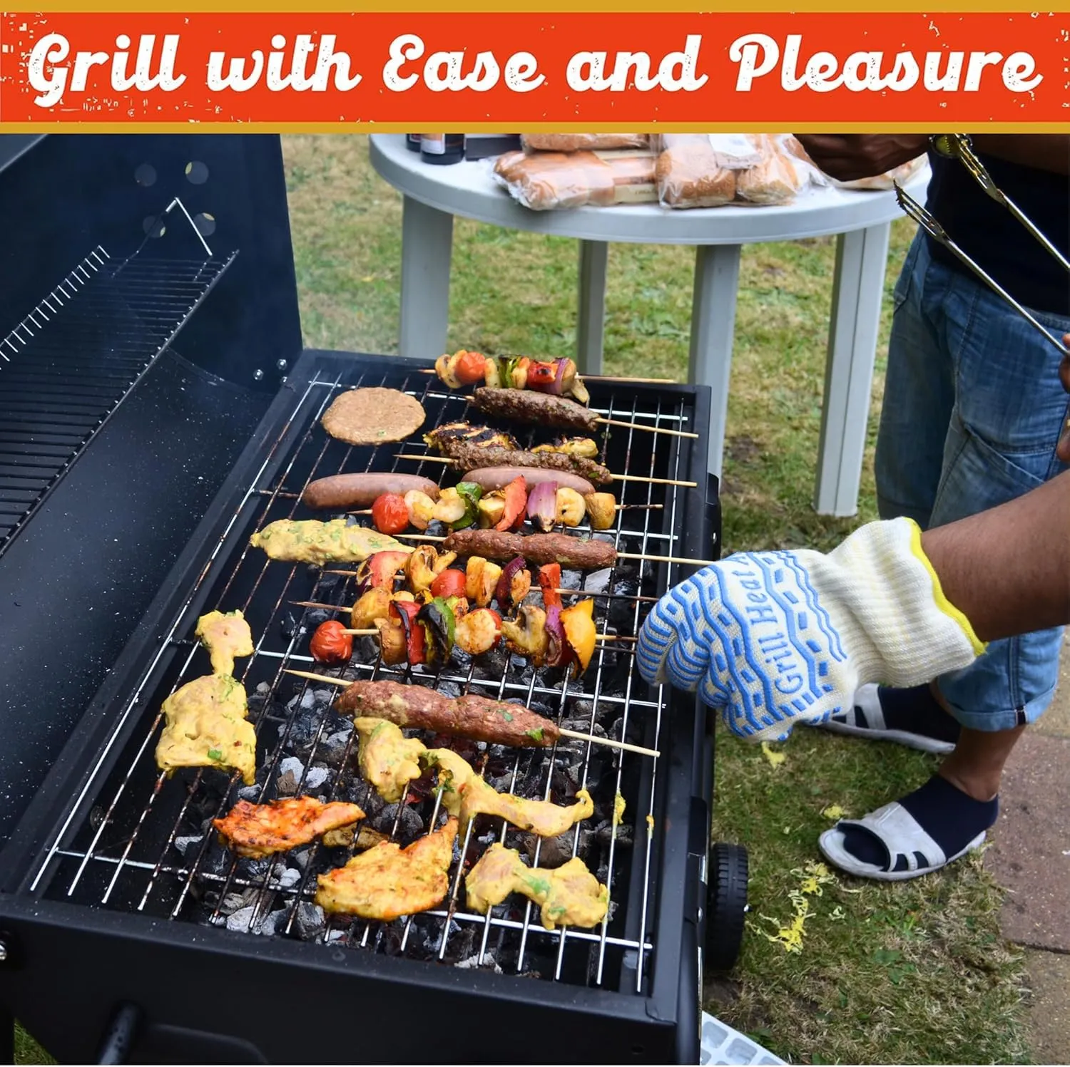 GRILL HEAT AID BBQ & Grilling Gloves - Slim Fit Extreme High Heat Resistant Grill Gloves Heat-Proof Heavy Duty Oven Mitts with Fingers for Cooking Hot Food, Baking Pizza, Fire Gloves for Wood Stove
