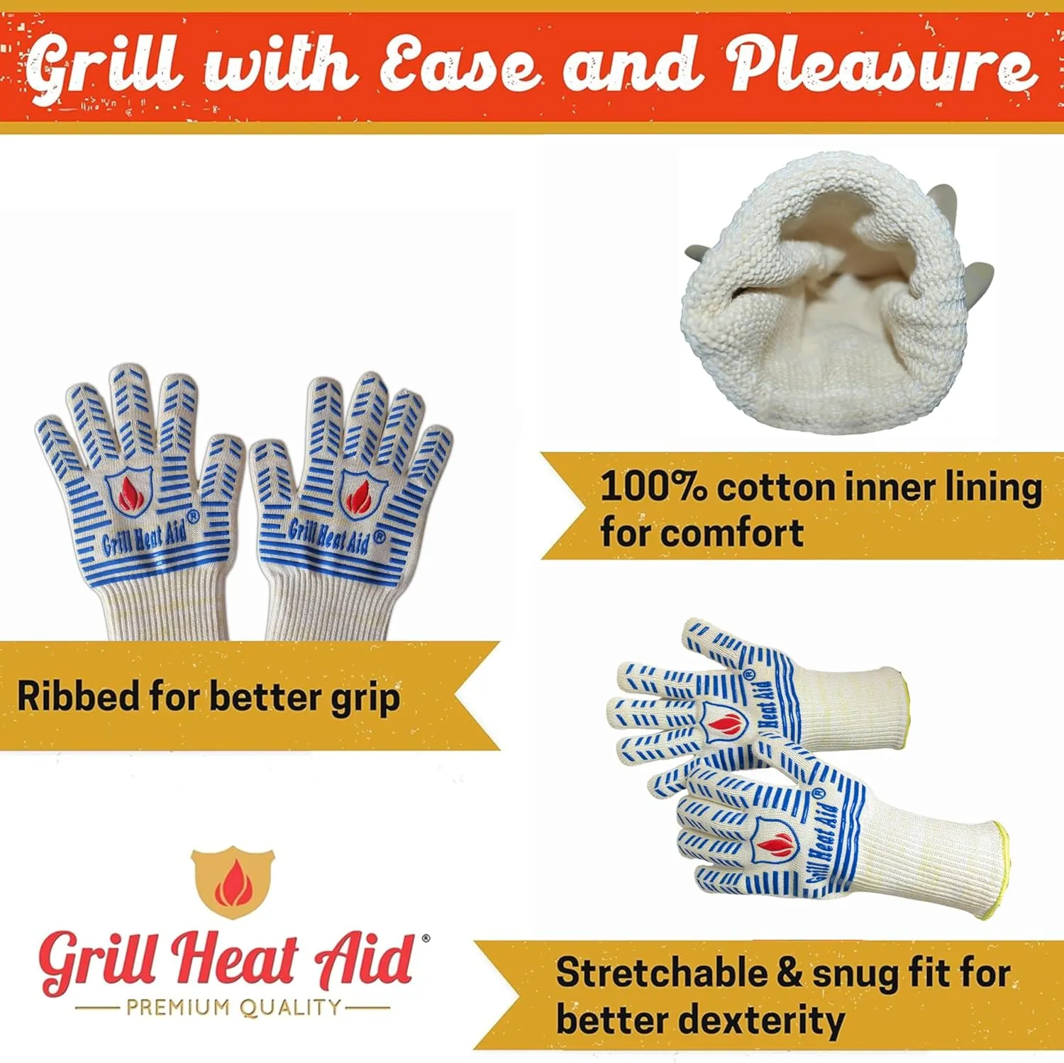 GRILL HEAT AID BBQ & Grilling Gloves - Slim Fit Extreme High Heat Resistant Grill Gloves Heat-Proof Heavy Duty Oven Mitts with Fingers for Cooking Hot Food, Baking Pizza, Fire Gloves for Wood Stove