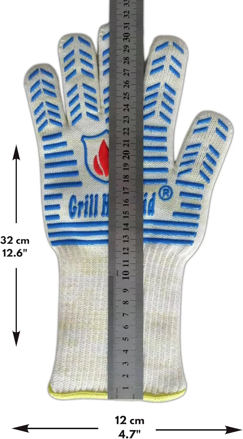 GRILL HEAT AID BBQ & Grilling Gloves - Slim Fit Extreme High Heat Resistant Grill Gloves Heat-Proof Heavy Duty Oven Mitts with Fingers for Cooking Hot Food, Baking Pizza, Fire Gloves for Wood Stove