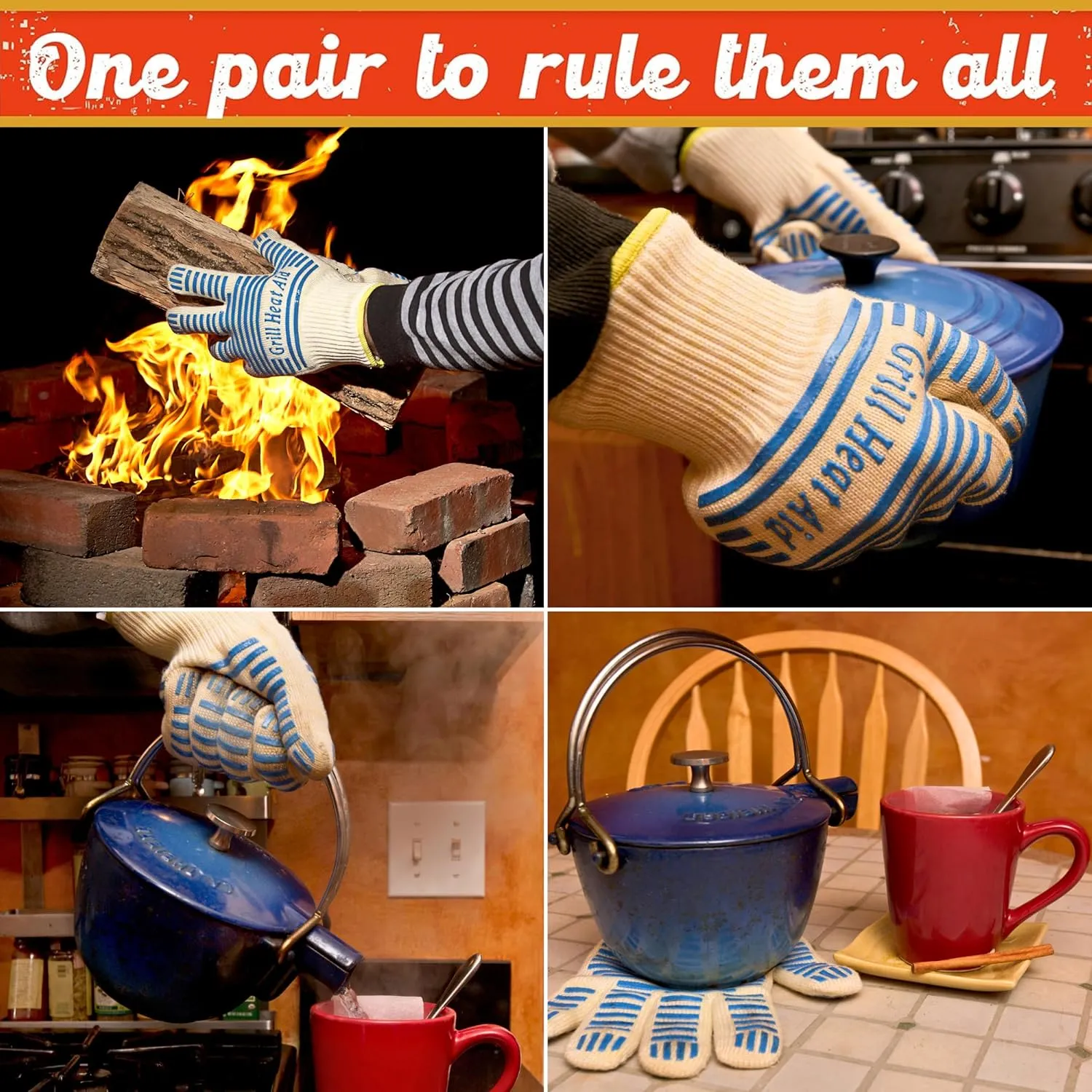GRILL HEAT AID BBQ & Grilling Gloves - Slim Fit Extreme High Heat Resistant Grill Gloves Heat-Proof Heavy Duty Oven Mitts with Fingers for Cooking Hot Food, Baking Pizza, Fire Gloves for Wood Stove