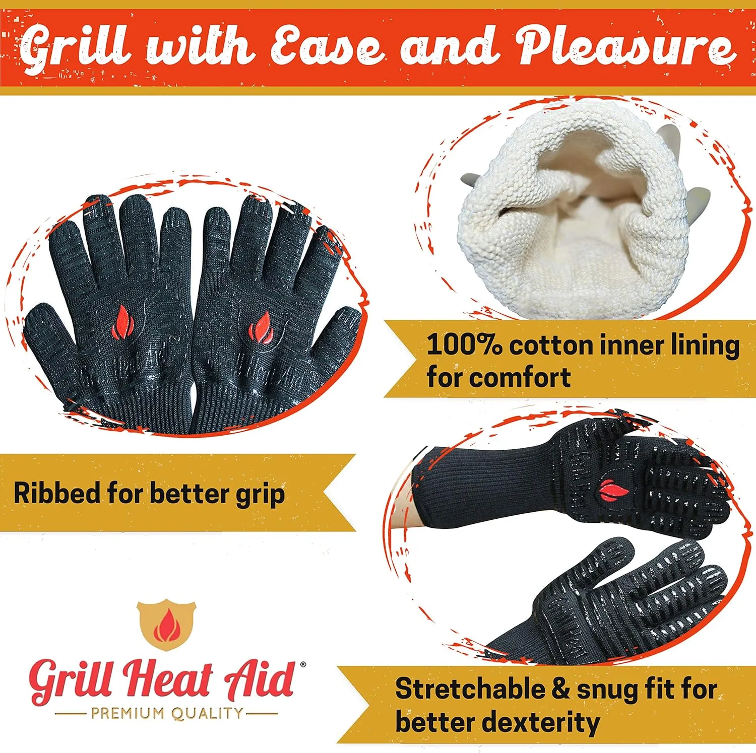 GRILL HEAT AID Premium Grill Gloves Heat Proof for Grilling - BBQ Gloves 1472°F Heat-Resistant Oven Mitts with Fingers for Cooking, Baking Pizza in Oven, Fire Gloves for Barbecue, Smoker, Campfire