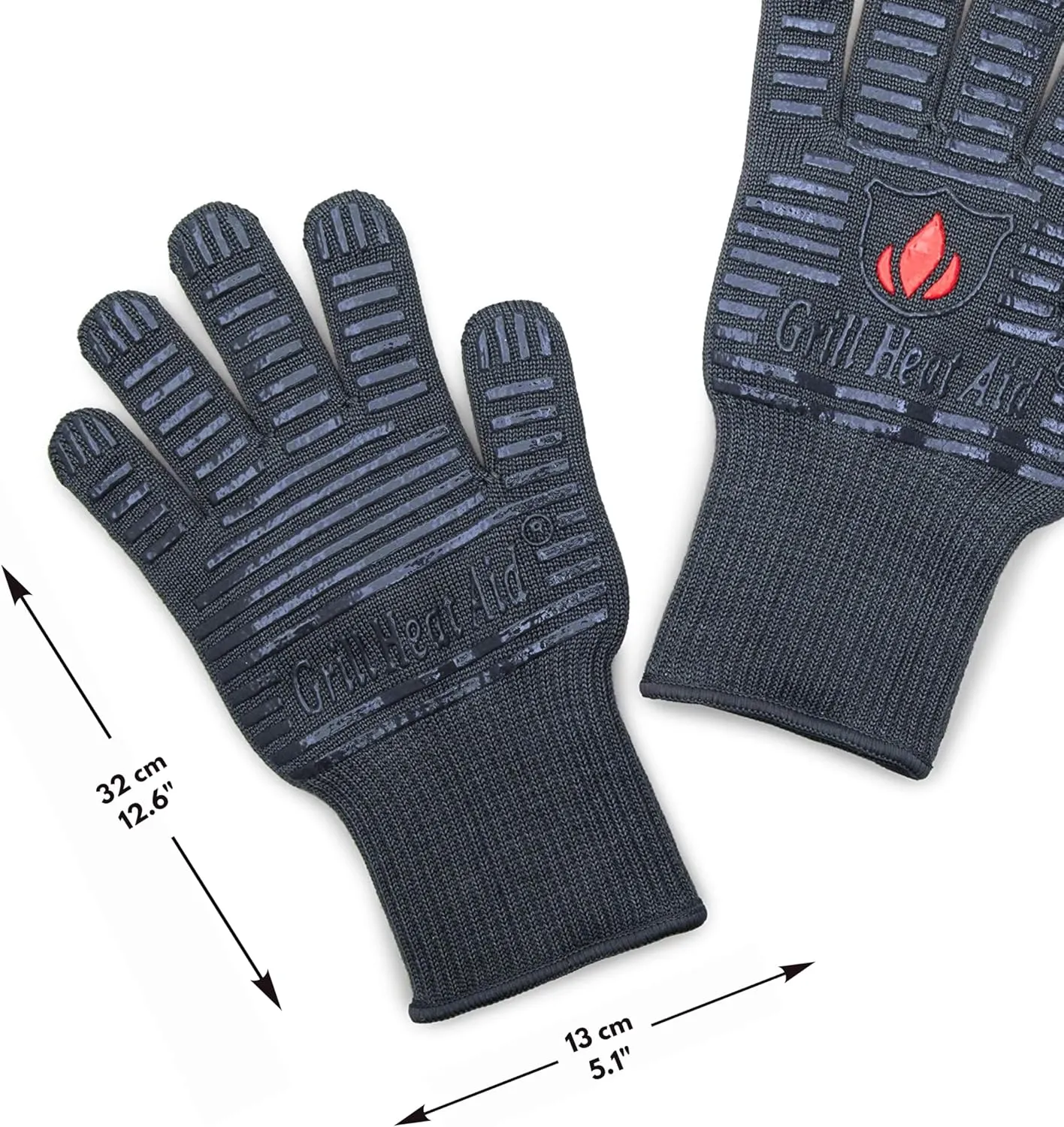 GRILL HEAT AID Premium Grill Gloves Heat Proof for Grilling - BBQ Gloves 1472°F Heat-Resistant Oven Mitts with Fingers for Cooking, Baking Pizza in Oven, Fire Gloves for Barbecue, Smoker, Campfire