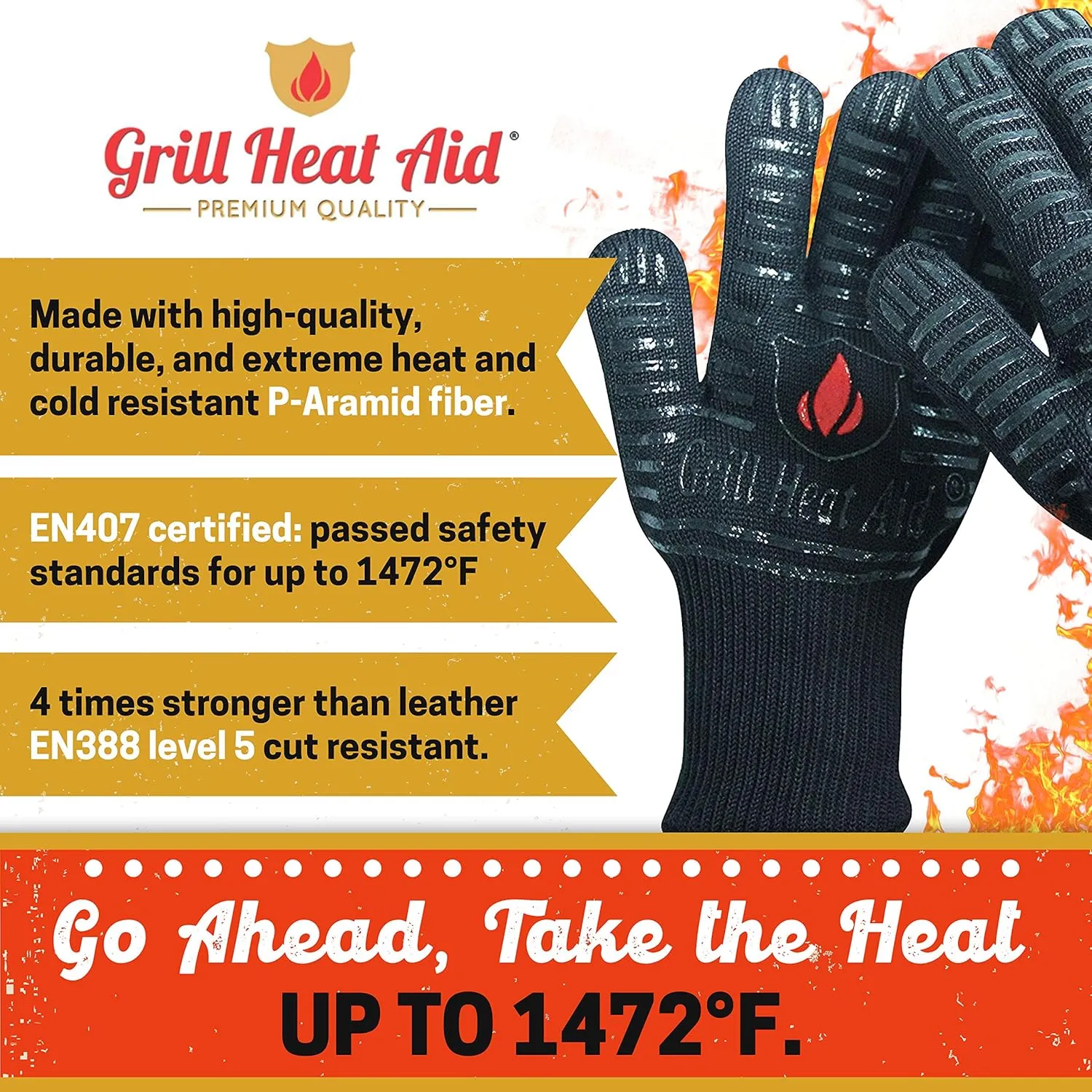 GRILL HEAT AID Premium Grill Gloves Heat Proof for Grilling - BBQ Gloves 1472°F Heat-Resistant Oven Mitts with Fingers for Cooking, Baking Pizza in Oven, Fire Gloves for Barbecue, Smoker, Campfire