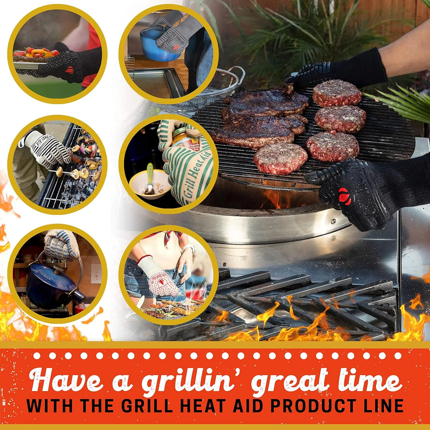 GRILL HEAT AID Premium Grill Gloves Heat Proof for Grilling - BBQ Gloves 1472°F Heat-Resistant Oven Mitts with Fingers for Cooking, Baking Pizza in Oven, Fire Gloves for Barbecue, Smoker, Campfire