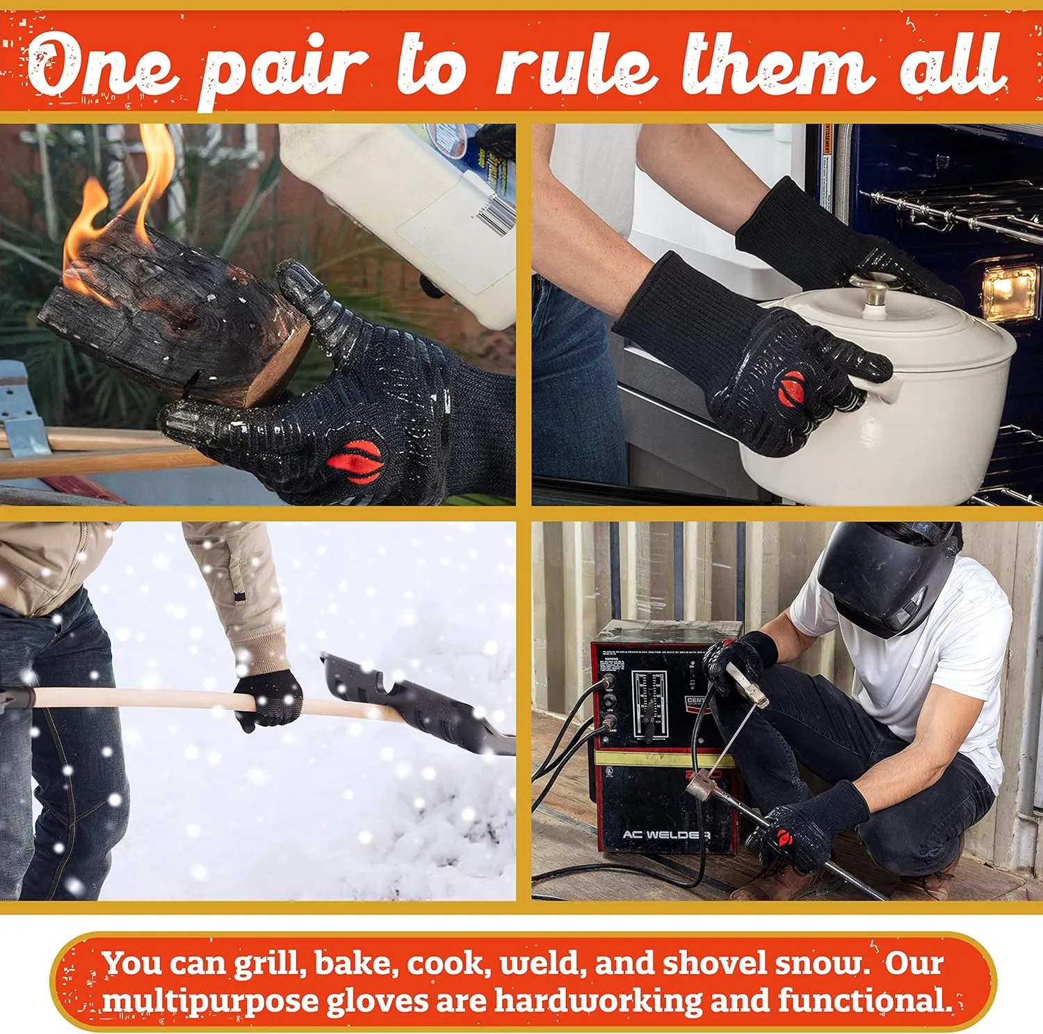 GRILL HEAT AID Premium Grill Gloves Heat Proof for Grilling - BBQ Gloves 1472°F Heat-Resistant Oven Mitts with Fingers for Cooking, Baking Pizza in Oven, Fire Gloves for Barbecue, Smoker, Campfire