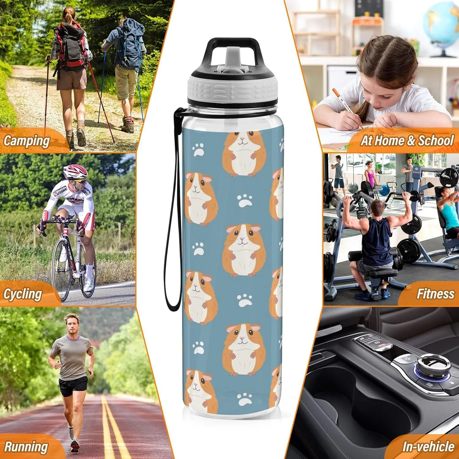 Guinea Pigs Paw Prints Sports Water Bottle with Straw Lid Tritan Water Bottle Large 32oz BPA Free Clear Leakproof Drinking Bottle for Kids Boys Girls Women Men Gym School