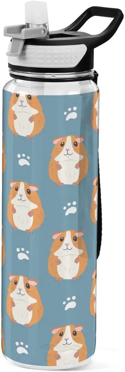 Guinea Pigs Paw Prints Sports Water Bottle with Straw Lid Tritan Water Bottle Large 32oz BPA Free Clear Leakproof Drinking Bottle for Kids Boys Girls Women Men Gym School