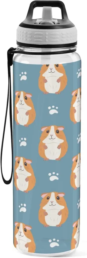 Guinea Pigs Paw Prints Sports Water Bottle with Straw Lid Tritan Water Bottle Large 32oz BPA Free Clear Leakproof Drinking Bottle for Kids Boys Girls Women Men Gym School