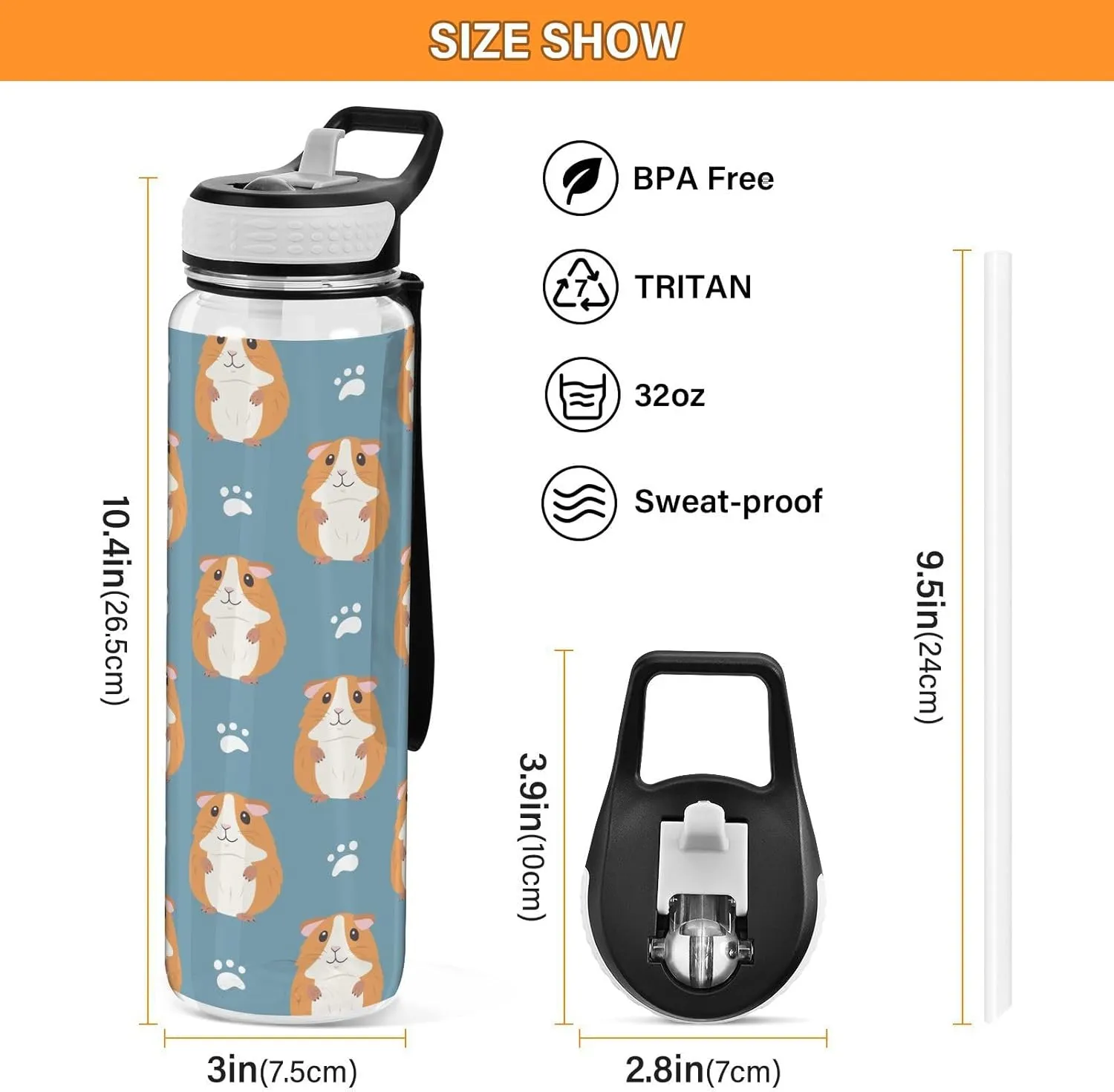 Guinea Pigs Paw Prints Sports Water Bottle with Straw Lid Tritan Water Bottle Large 32oz BPA Free Clear Leakproof Drinking Bottle for Kids Boys Girls Women Men Gym School
