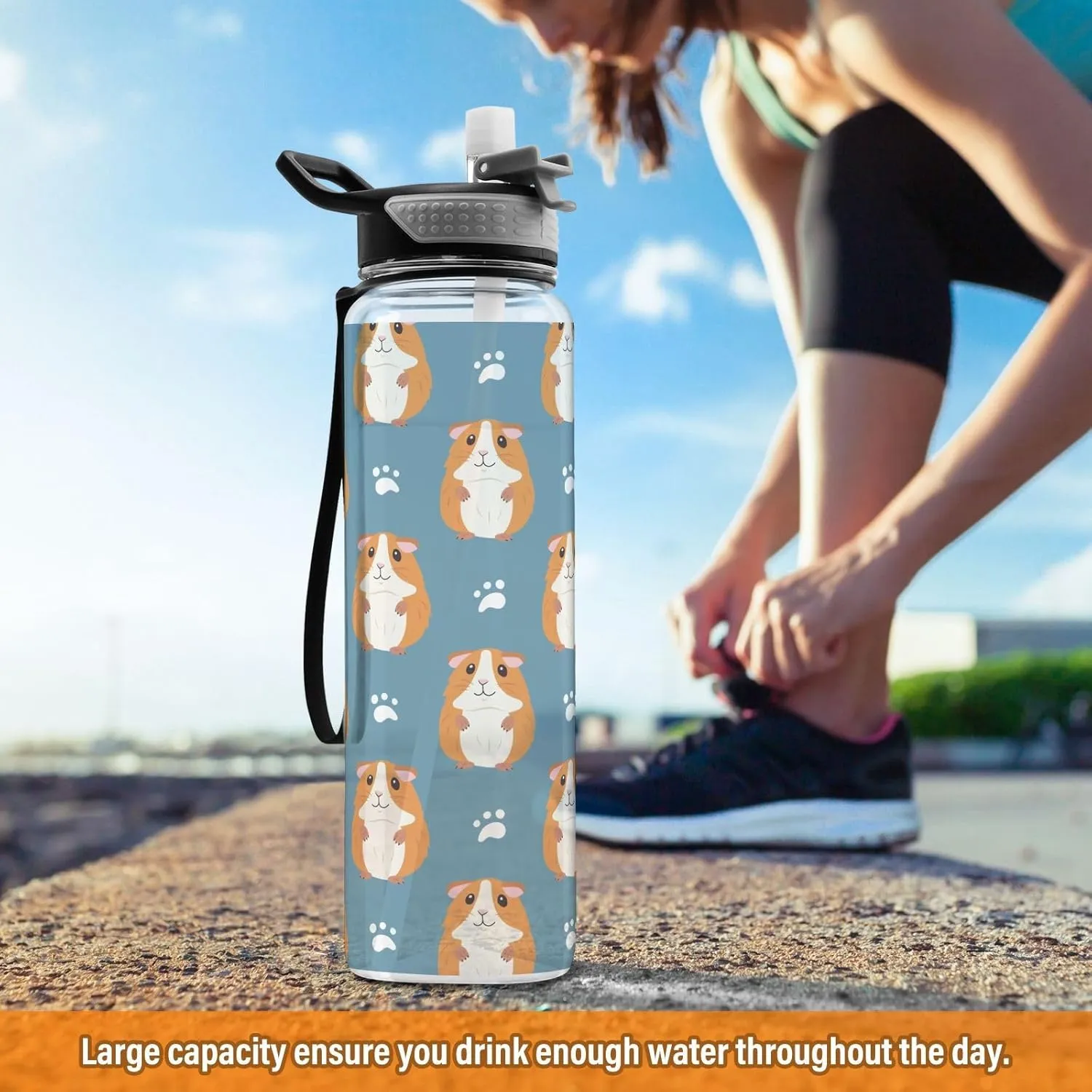 Guinea Pigs Paw Prints Sports Water Bottle with Straw Lid Tritan Water Bottle Large 32oz BPA Free Clear Leakproof Drinking Bottle for Kids Boys Girls Women Men Gym School