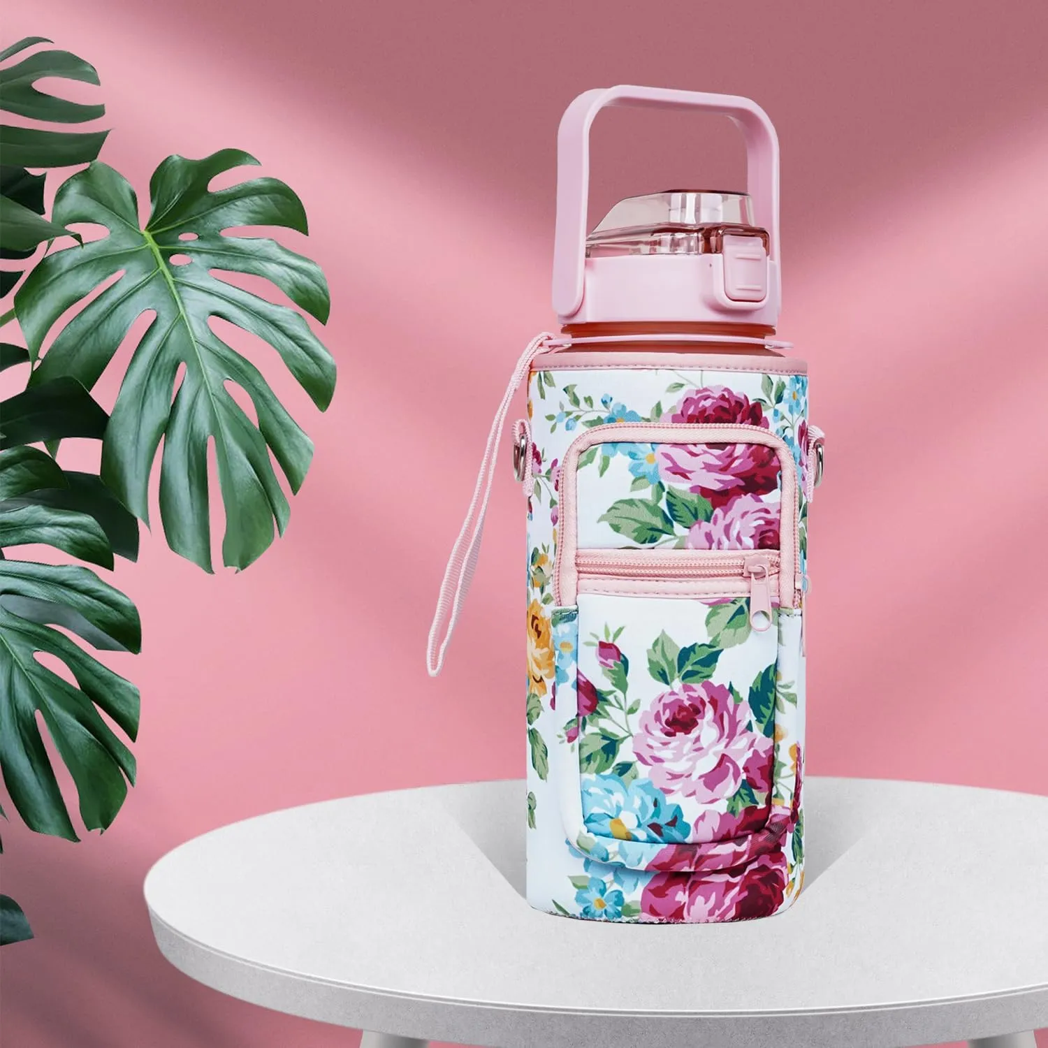 Half Gallon Floral Water Bottle with Sleeve - Flip Top Bpa Free floral Water Bottle 64 OZ - Leakproof Water Jug with Time Marker - Motivational Gym Water Bottle for Office Gym Outdoor Hiking Travel