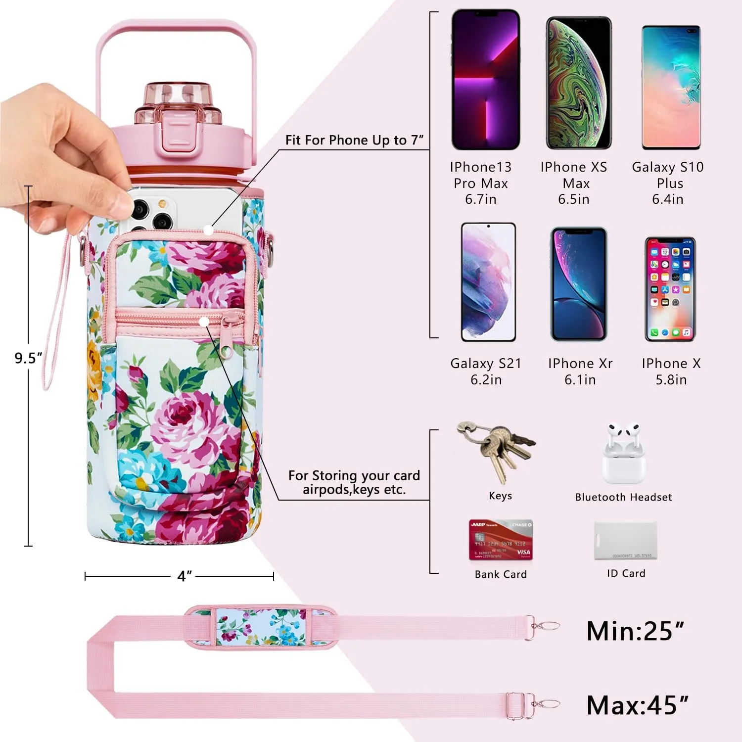 Half Gallon Floral Water Bottle with Sleeve - Flip Top Bpa Free floral Water Bottle 64 OZ - Leakproof Water Jug with Time Marker - Motivational Gym Water Bottle for Office Gym Outdoor Hiking Travel