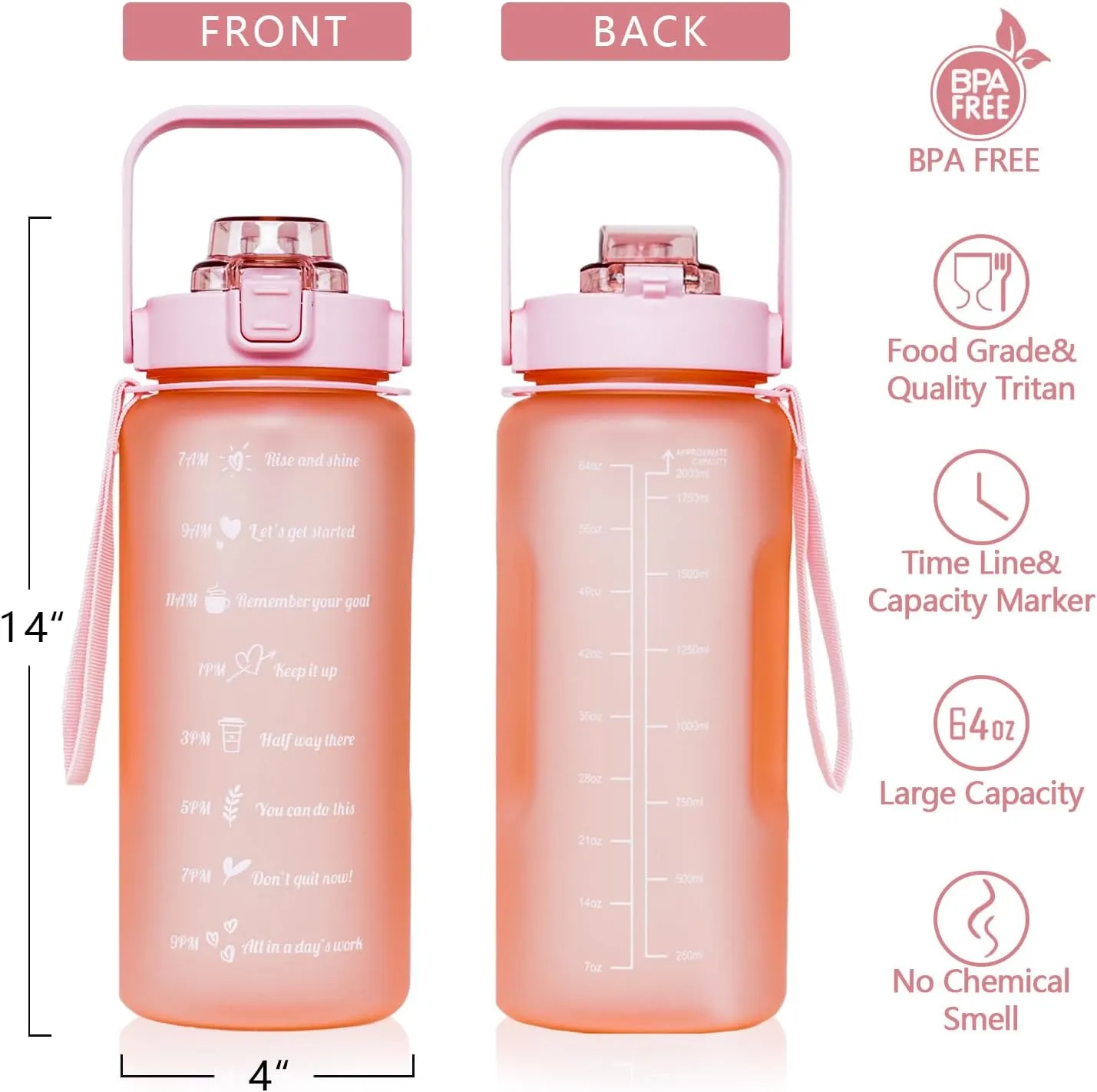 Half Gallon Floral Water Bottle with Sleeve - Flip Top Bpa Free floral Water Bottle 64 OZ - Leakproof Water Jug with Time Marker - Motivational Gym Water Bottle for Office Gym Outdoor Hiking Travel