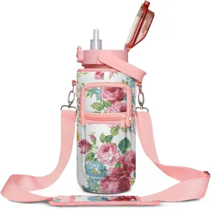 Half Gallon Floral Water Bottle with Sleeve - Flip Top Bpa Free floral Water Bottle 64 OZ - Leakproof Water Jug with Time Marker - Motivational Gym Water Bottle for Office Gym Outdoor Hiking Travel