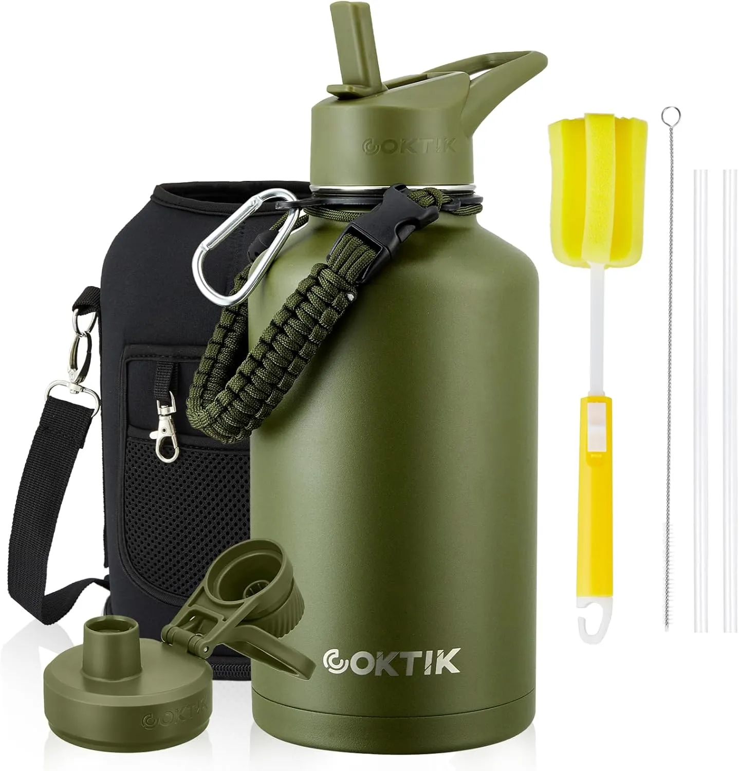 Half Gallon Insulated Water Bottle, 64 oz Triple Wall Stainless Steel Flask, Keeps Drinks Cold for 48 Hrs Leak-Proof & BPA-Free Half Gallon Jug with Paracord Handle, Straw & Spout Lids(Army Green)