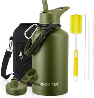 Half Gallon Insulated Water Bottle, 64 oz Triple Wall Stainless Steel Flask, Keeps Drinks Cold for 48 Hrs Leak-Proof & BPA-Free Half Gallon Jug with Paracord Handle, Straw & Spout Lids(Army Green)