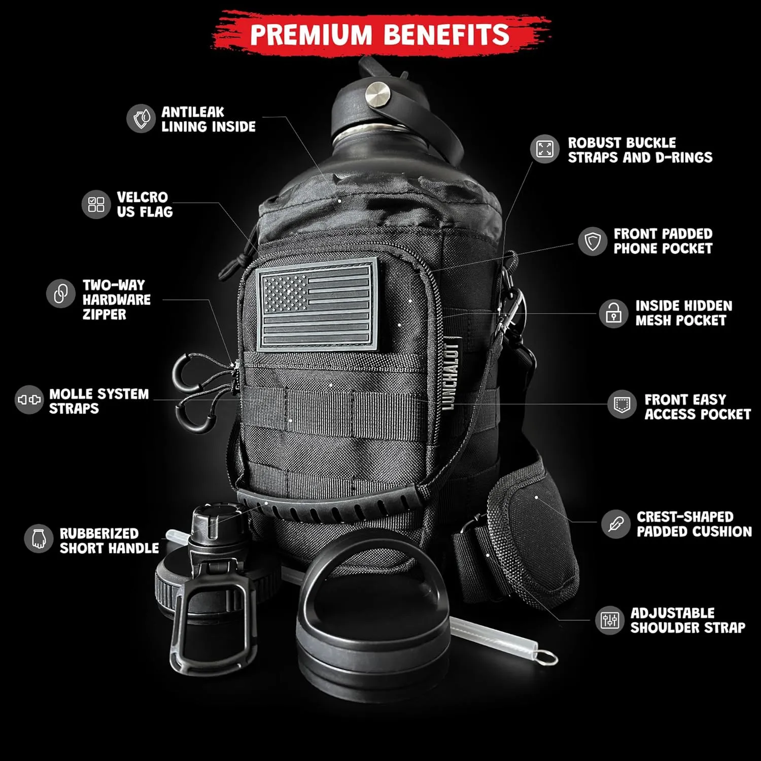 Half Gallon Water Bottle Jug - 84 Oz Insulated Stainless Steel Metal Water Jug with Holder - Carrying Bag - Spout Handle - Straw Lids - Keep Cold & Hot - Black Tactical Flask