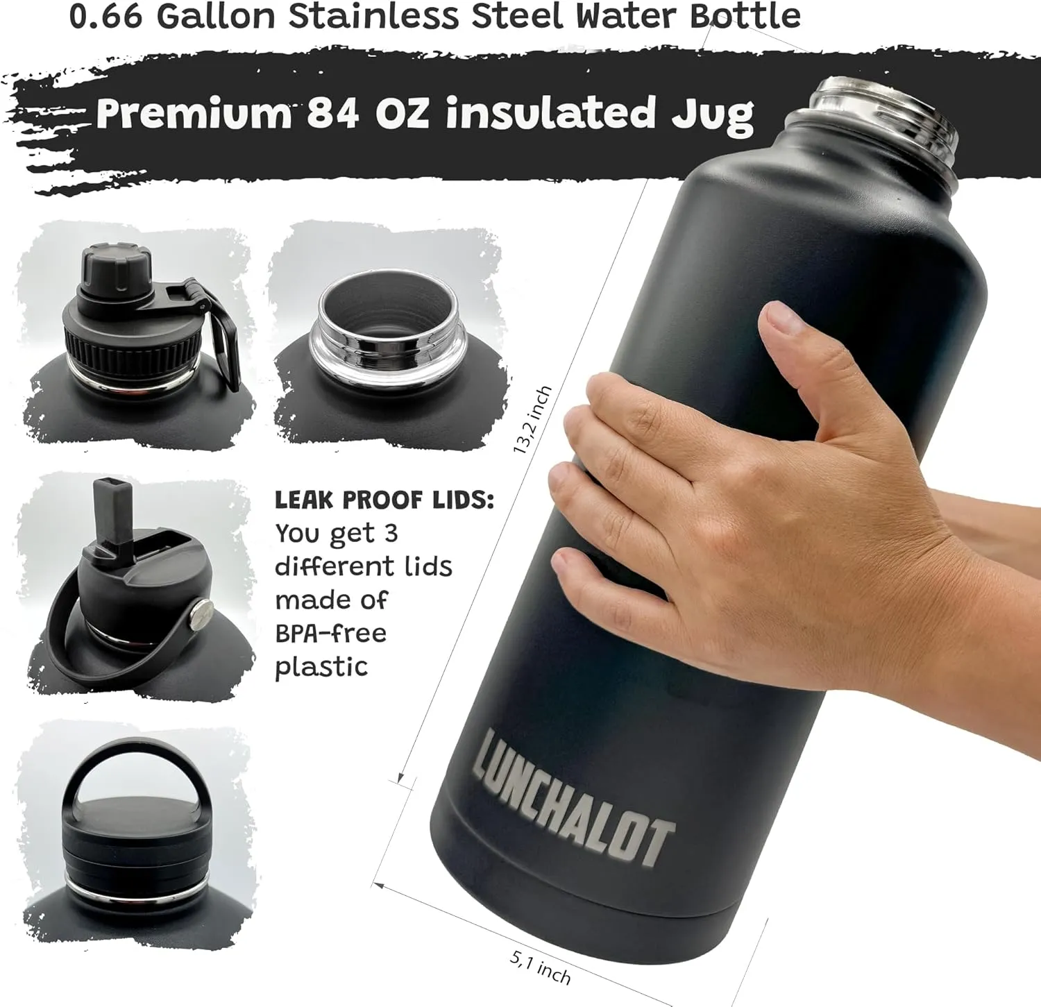 Half Gallon Water Bottle Jug - 84 Oz Insulated Stainless Steel Metal Water Jug with Holder - Carrying Bag - Spout Handle - Straw Lids - Keep Cold & Hot - Black Tactical Flask