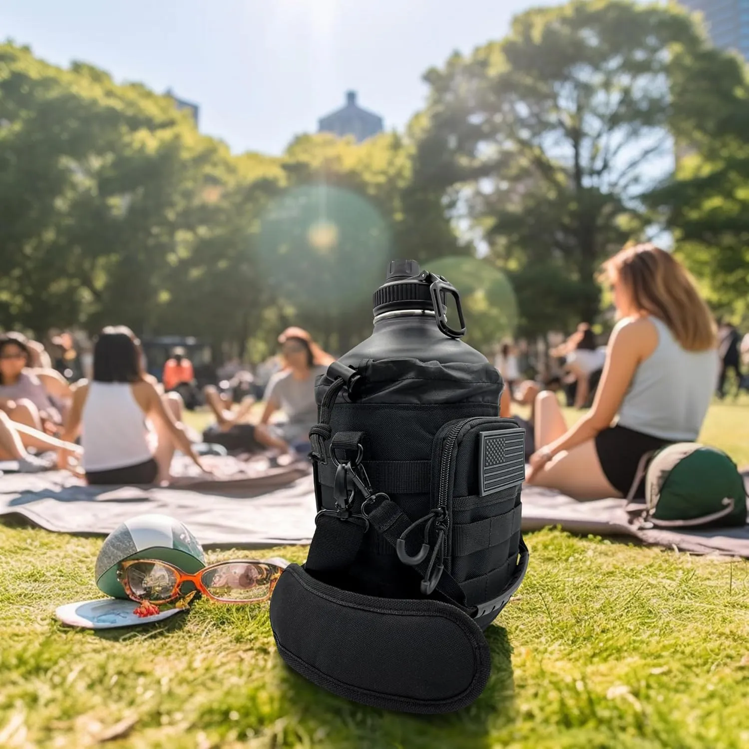 Half Gallon Water Bottle Jug - 84 Oz Insulated Stainless Steel Metal Water Jug with Holder - Carrying Bag - Spout Handle - Straw Lids - Keep Cold & Hot - Black Tactical Flask