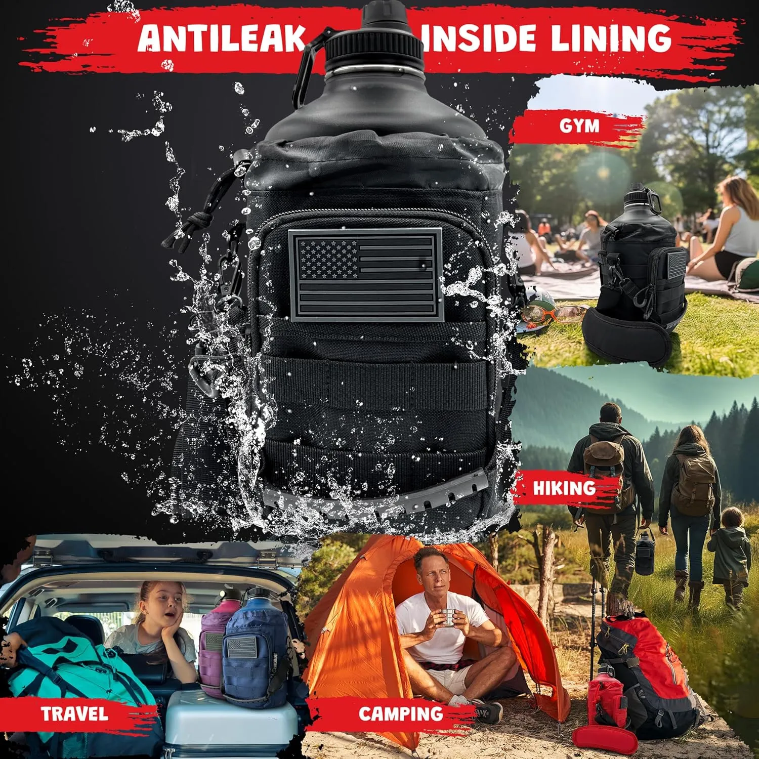 Half Gallon Water Bottle Jug - 84 Oz Insulated Stainless Steel Metal Water Jug with Holder - Carrying Bag - Spout Handle - Straw Lids - Keep Cold & Hot - Black Tactical Flask