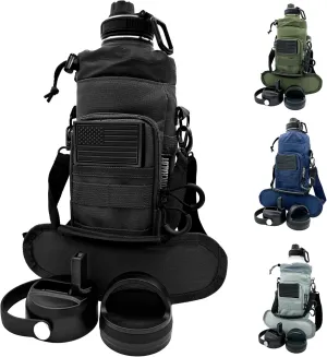Half Gallon Water Bottle Jug - 84 Oz Insulated Stainless Steel Metal Water Jug with Holder - Carrying Bag - Spout Handle - Straw Lids - Keep Cold & Hot - Black Tactical Flask