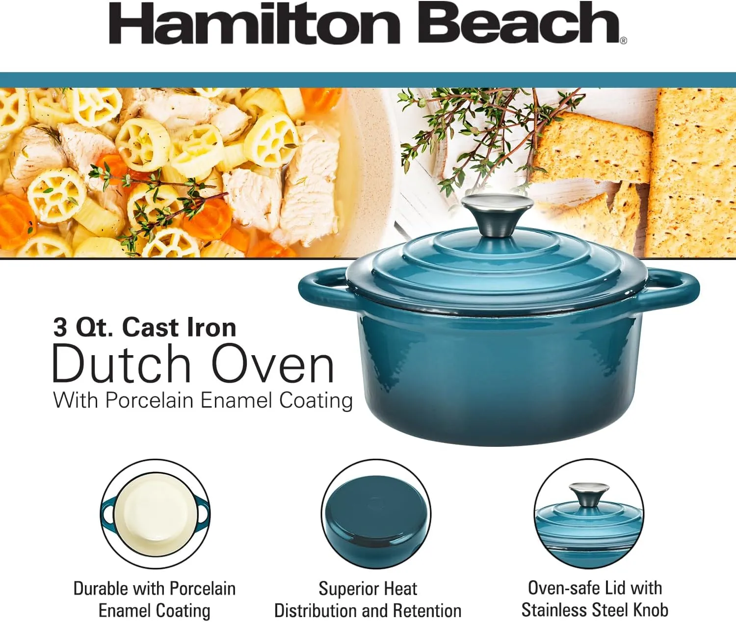 Hamilton Beach Enameled Cast Iron Dutch Oven Navy (3-Quart) | Cream Enamel Coating Pot with Lid | Cast Iron with Even Heat Distribution | Easy Grip to Handles & Multipurpose
