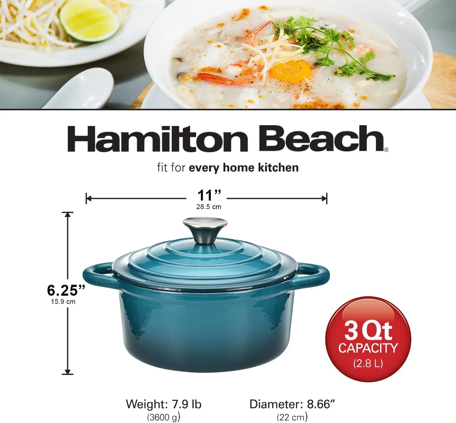 Hamilton Beach Enameled Cast Iron Dutch Oven Navy (3-Quart) | Cream Enamel Coating Pot with Lid | Cast Iron with Even Heat Distribution | Easy Grip to Handles & Multipurpose