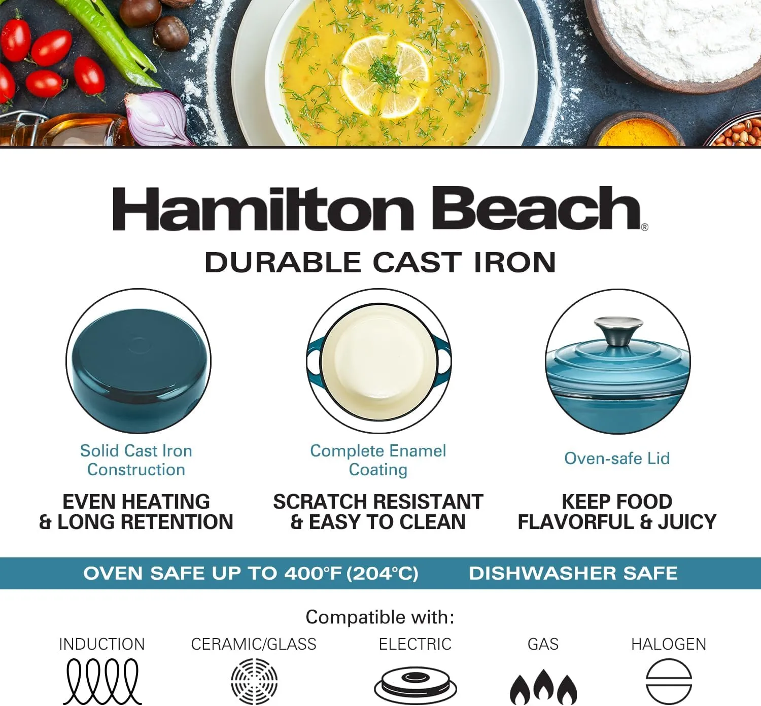 Hamilton Beach Enameled Cast Iron Dutch Oven Navy (3-Quart) | Cream Enamel Coating Pot with Lid | Cast Iron with Even Heat Distribution | Easy Grip to Handles & Multipurpose
