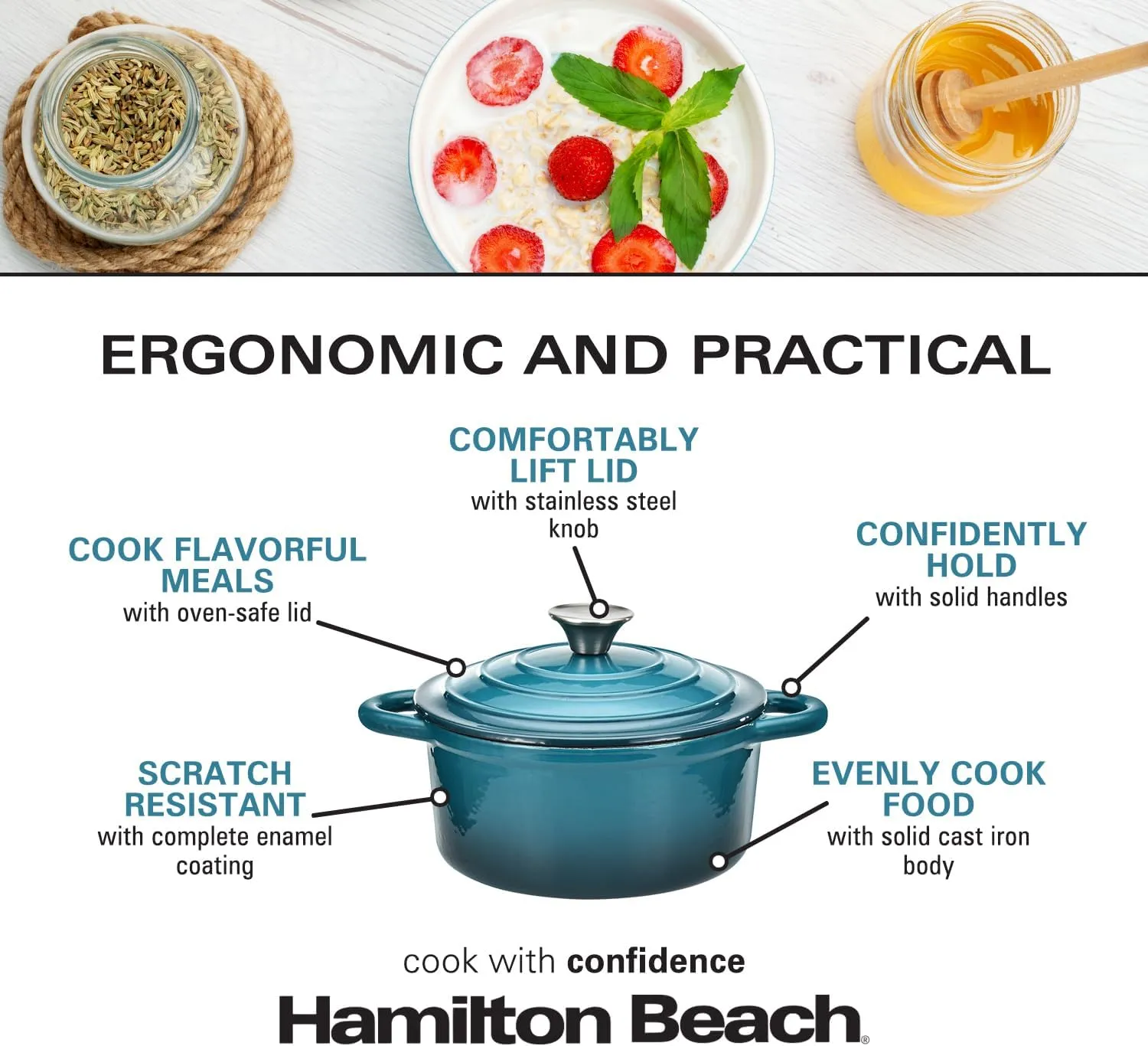 Hamilton Beach Enameled Cast Iron Dutch Oven Navy (3-Quart) | Cream Enamel Coating Pot with Lid | Cast Iron with Even Heat Distribution | Easy Grip to Handles & Multipurpose