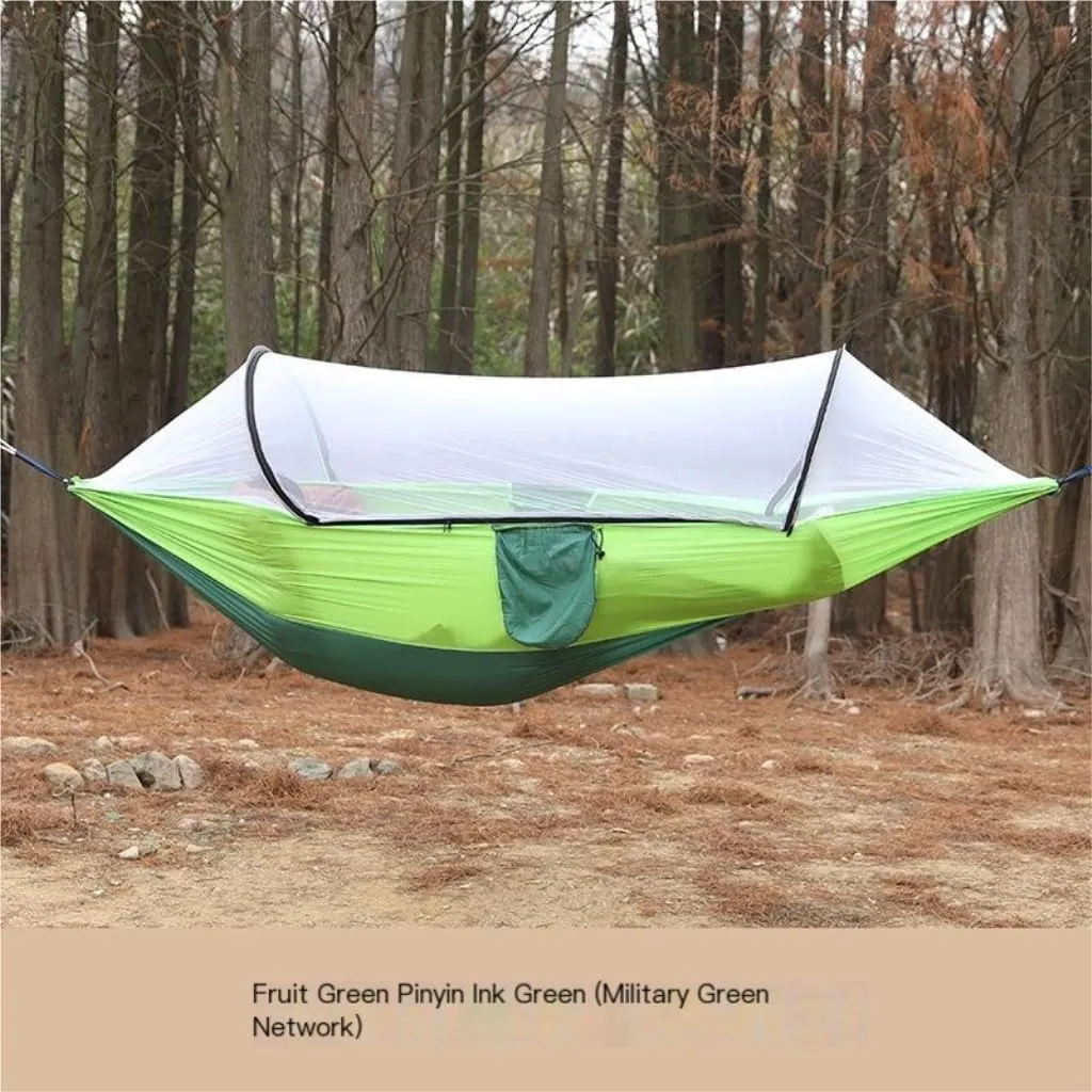 Hammock Outdoor Anti-Rollover Nylon Hammock with Mosquito Net Automatic Quick-Opening Pole Mosquito Net Hammock Hammocks for Outside(Red)