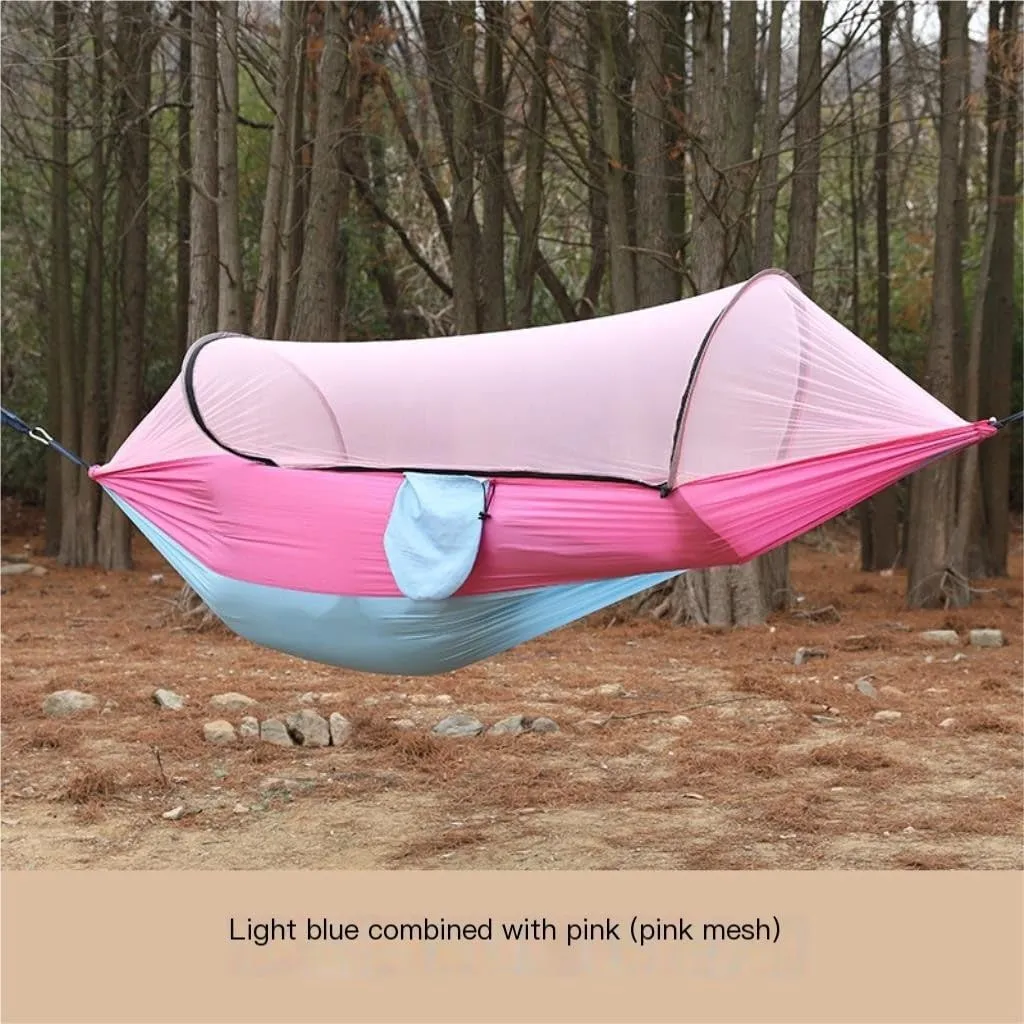 Hammock Outdoor Anti-Rollover Nylon Hammock with Mosquito Net Automatic Quick-Opening Pole Mosquito Net Hammock Hammocks for Outside(Red)