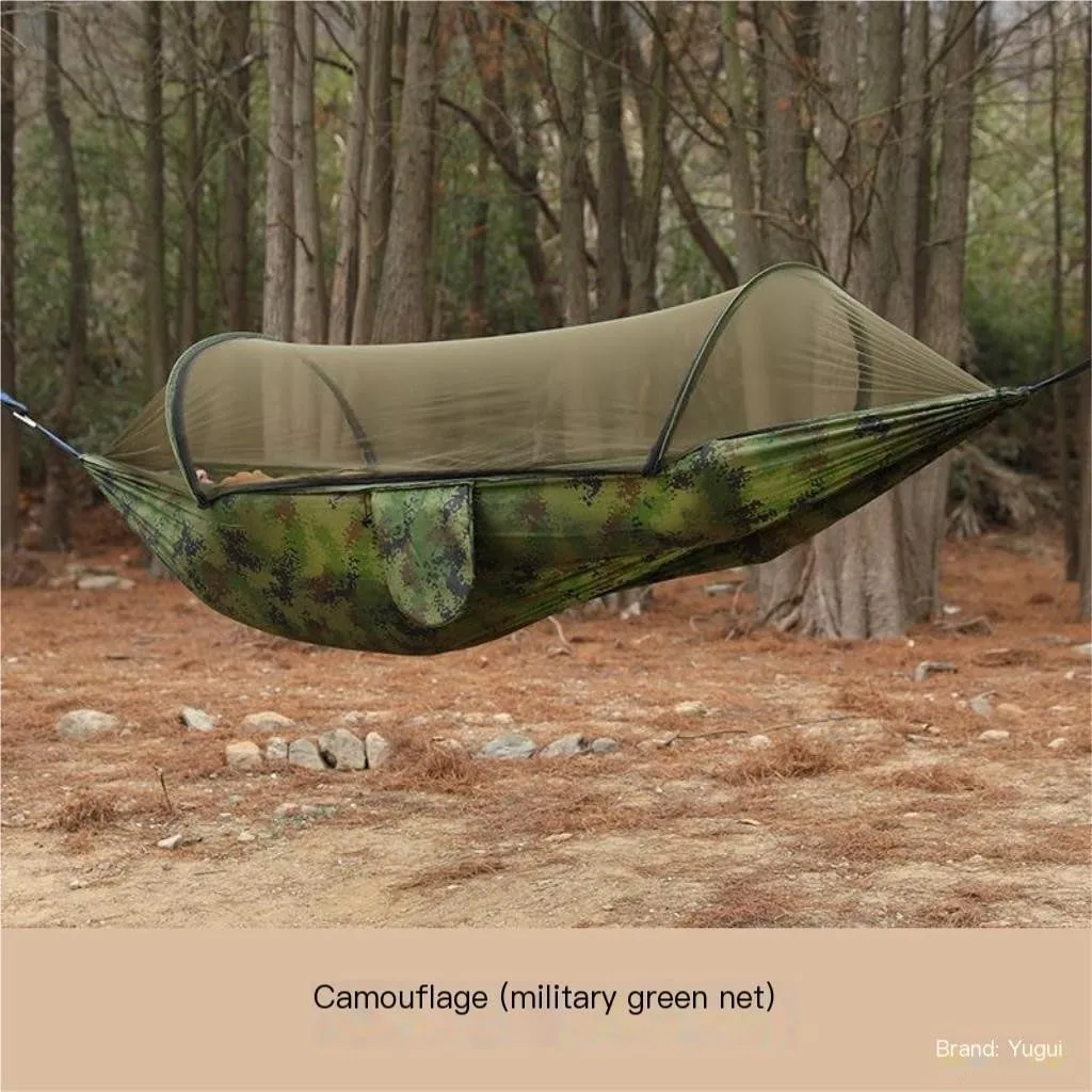 Hammock Outdoor Anti-Rollover Nylon Hammock with Mosquito Net Automatic Quick-Opening Pole Mosquito Net Hammock Hammocks for Outside(Red)