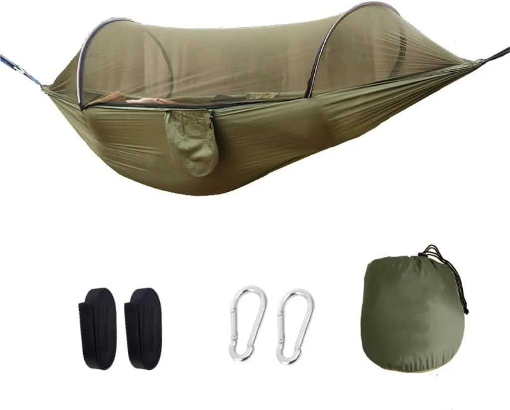 Hammock Outdoor Anti-Rollover Nylon Hammock with Mosquito Net Automatic Quick-Opening Pole Mosquito Net Hammock Hammocks for Outside(Red)