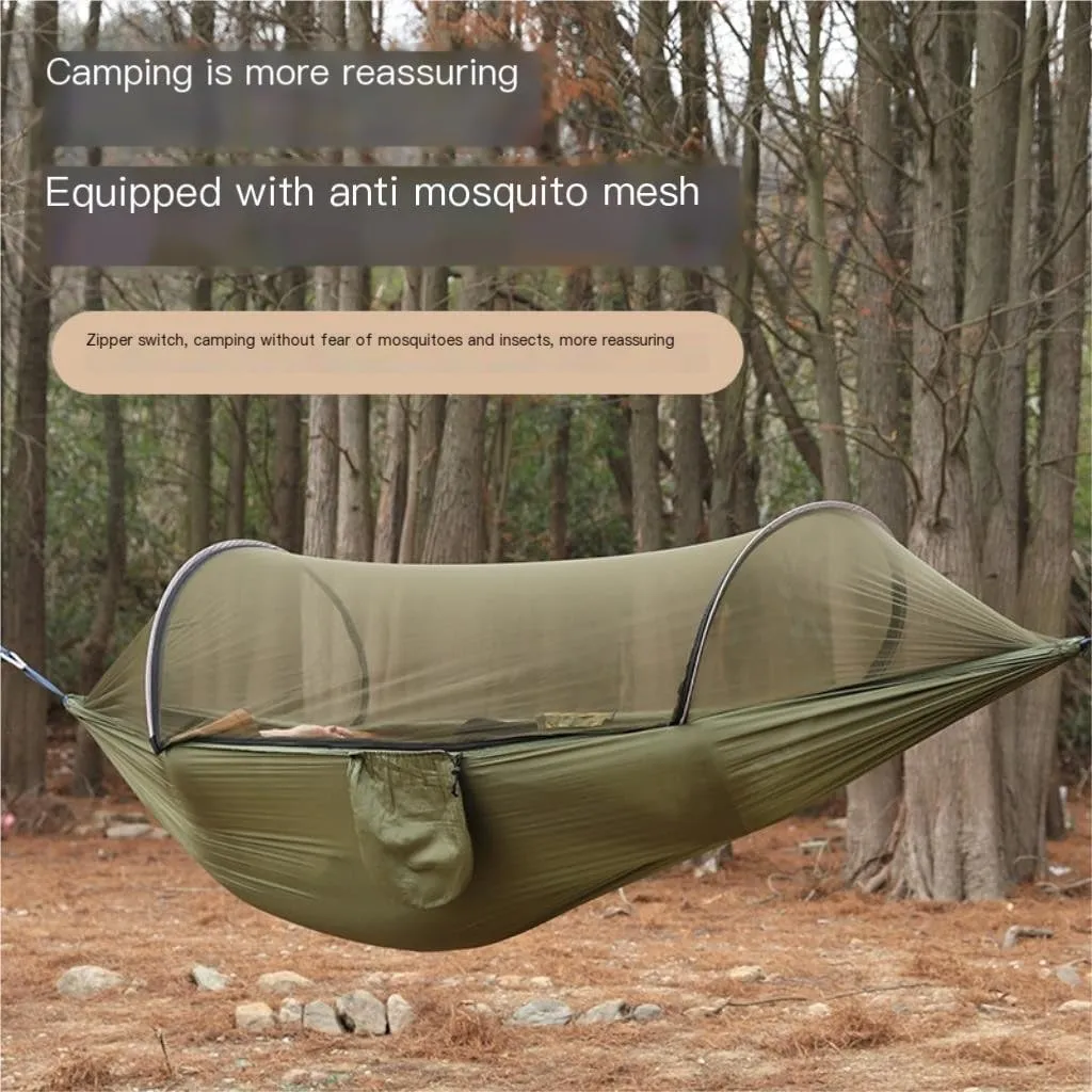 Hammock Outdoor Anti-Rollover Nylon Hammock with Mosquito Net Automatic Quick-Opening Pole Mosquito Net Hammock Hammocks for Outside(Red)