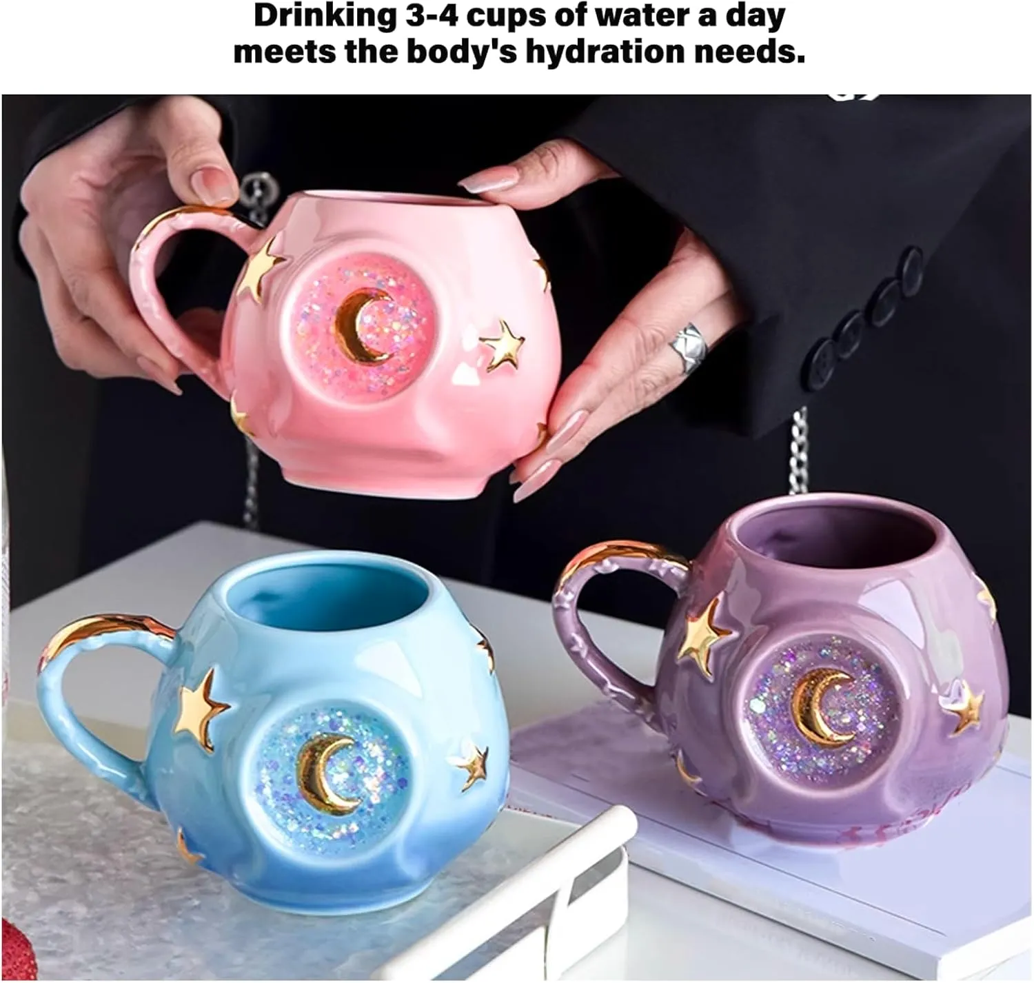 Handmade Coffee Cup 400ML with Fancy Tarot Star/Moon Design, Fashion Starry Sky Ice Coffee Cup, Gradient Pink Pottery Tea Cup for Home/Office (blue)