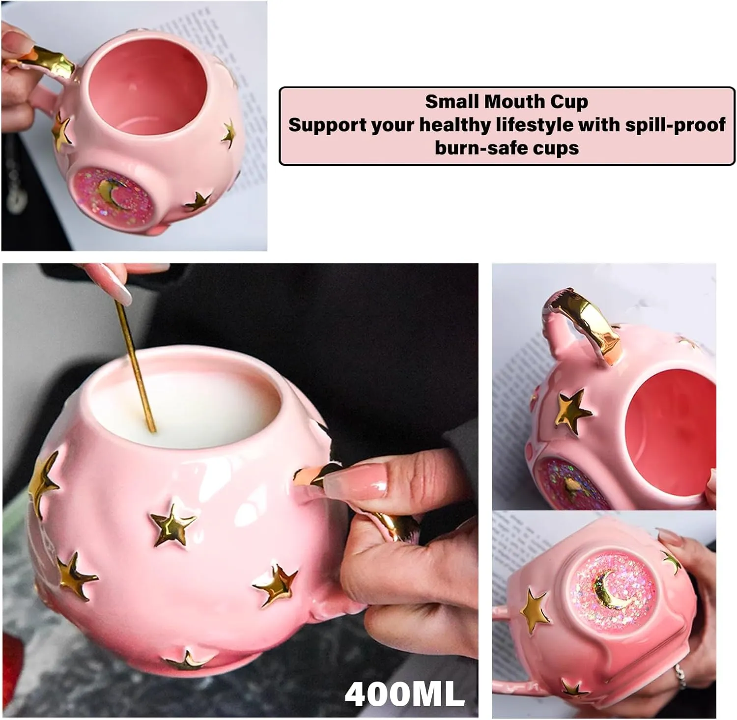 Handmade Coffee Cup 400ML with Fancy Tarot Star/Moon Design, Fashion Starry Sky Ice Coffee Cup, Gradient Pink Pottery Tea Cup for Home/Office (blue)