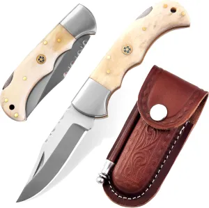 HANDMADE Pocket Knife for Men - 7 Inches Stainless Steel Folding Knife with Leather Sheath - Best for EDC, Camping, Hiking and Outdoor Activities (Camel Bone)