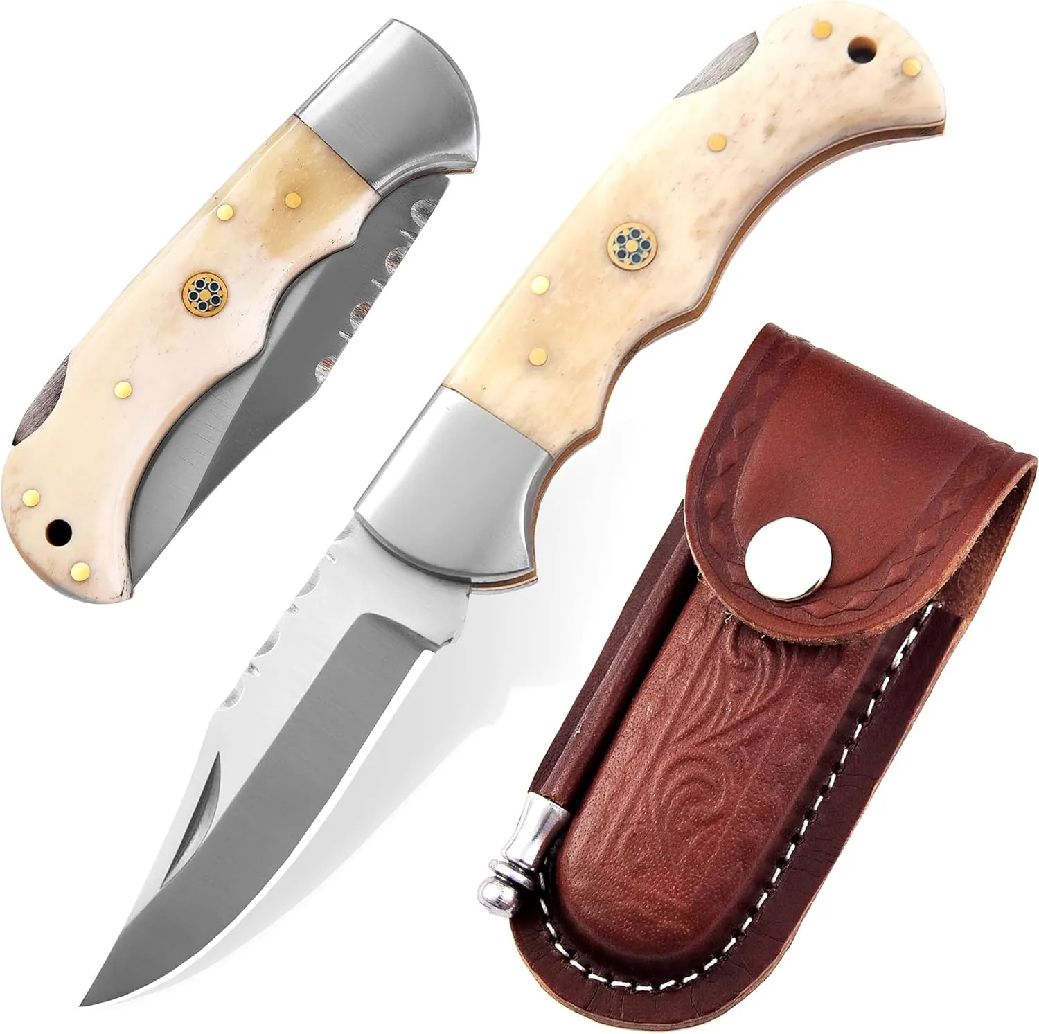 HANDMADE Pocket Knife for Men - 7 Inches Stainless Steel Folding Knife with Leather Sheath - Best for EDC, Camping, Hiking and Outdoor Activities (Camel Bone)