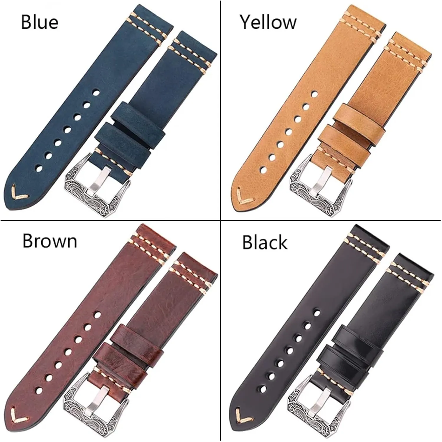 Handmade Watchband 20mm 22mm 24mm Leather Watch Band Strap 4 Colors Cowhide Watch Accessories Retro Steel Buckle