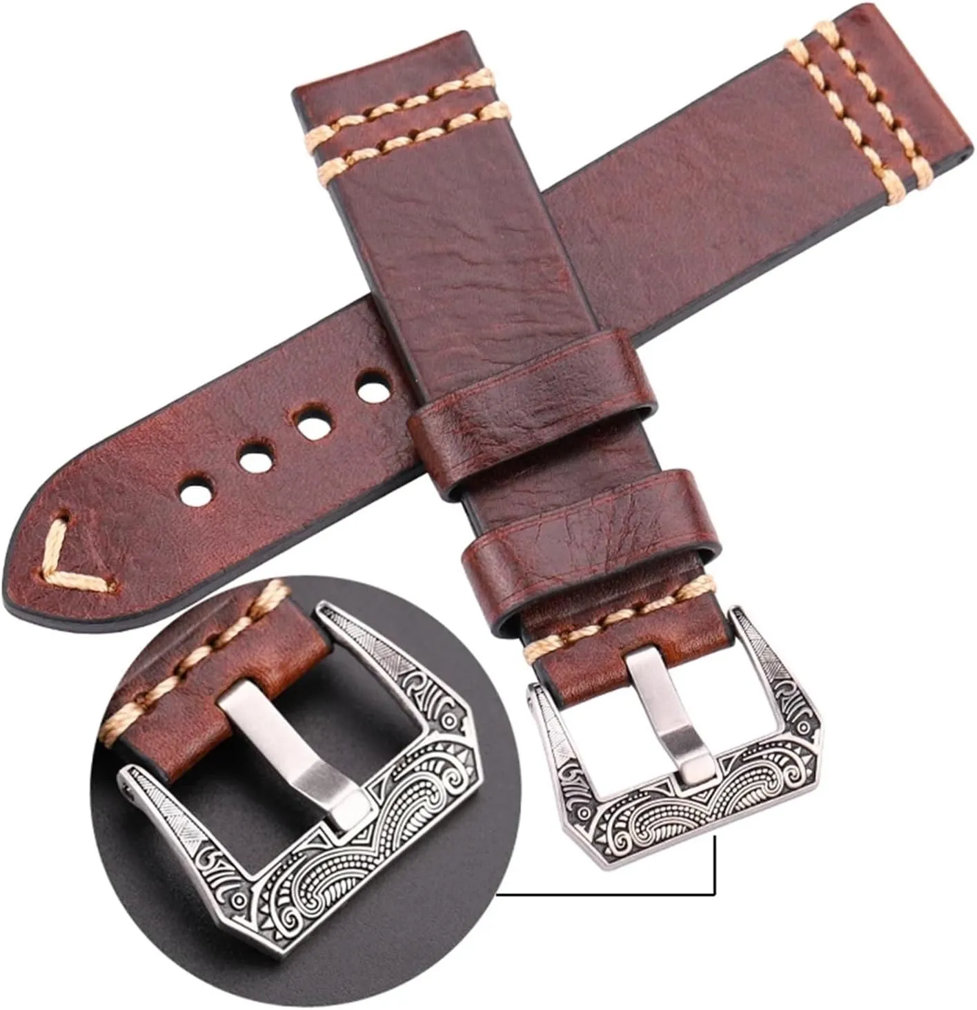 Handmade Watchband 20mm 22mm 24mm Leather Watch Band Strap 4 Colors Cowhide Watch Accessories Retro Steel Buckle