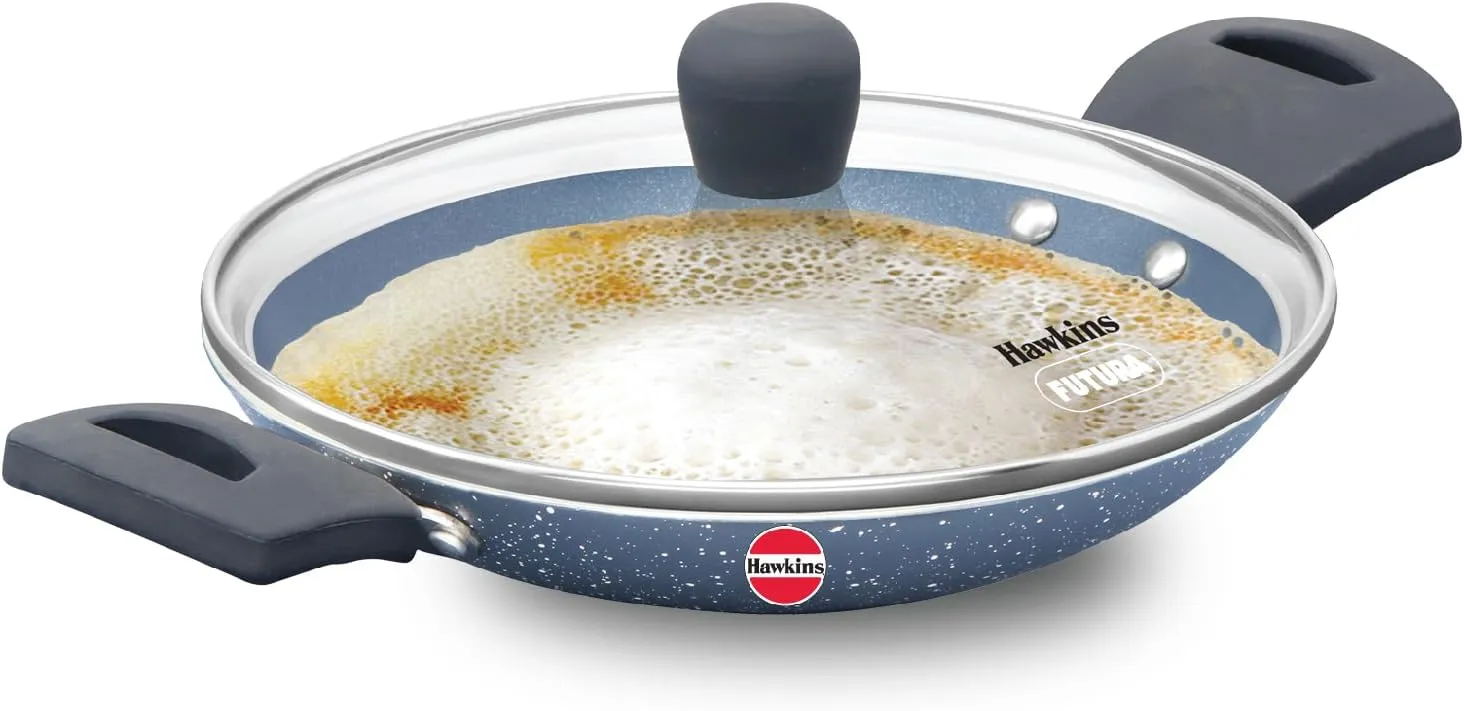 Hawkins Nonstick Pro 0.9 Litre Appachatty, Mini Kadhai, Appachatti, Appachetty, Appam Pot Maker, Deep Fry Pan with Glass Lid, Granite Kadai