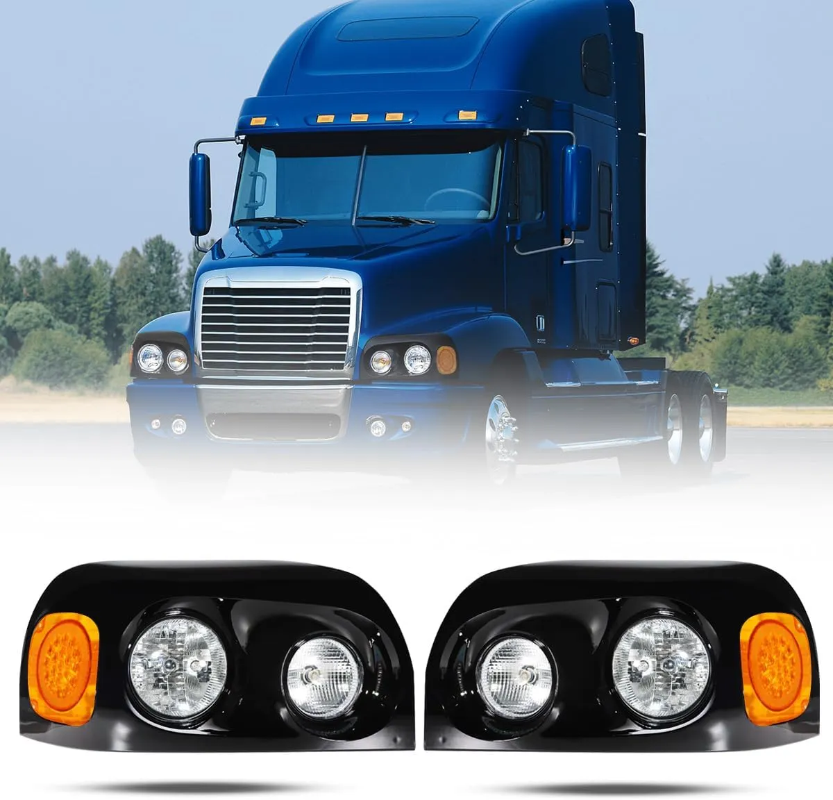 Headlights Compatible with Freightliner Century 2004-2015 Pair Set Front Headlamp DOT and SAE Approved (Black-Led turn signal)