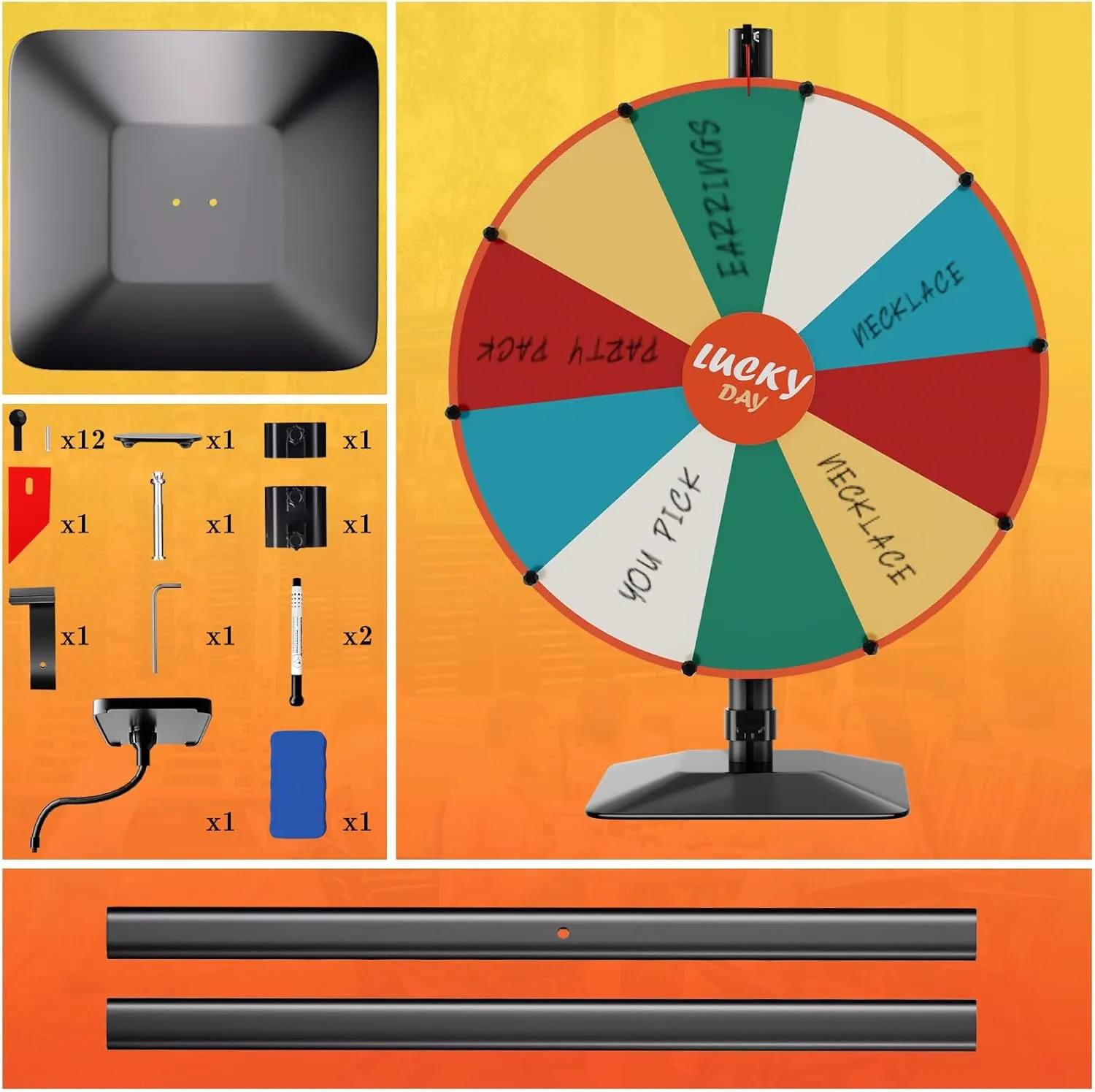 Heavy Duty Prize Wheel, 24 Inch Dual Use Prize Wheel,Adjustable Tabletop & Floor Stand, 10 Slots,1Bracket, Dry Erase Kit - Wheel of Fortune Game for Carnival, Casino & Trade Show.