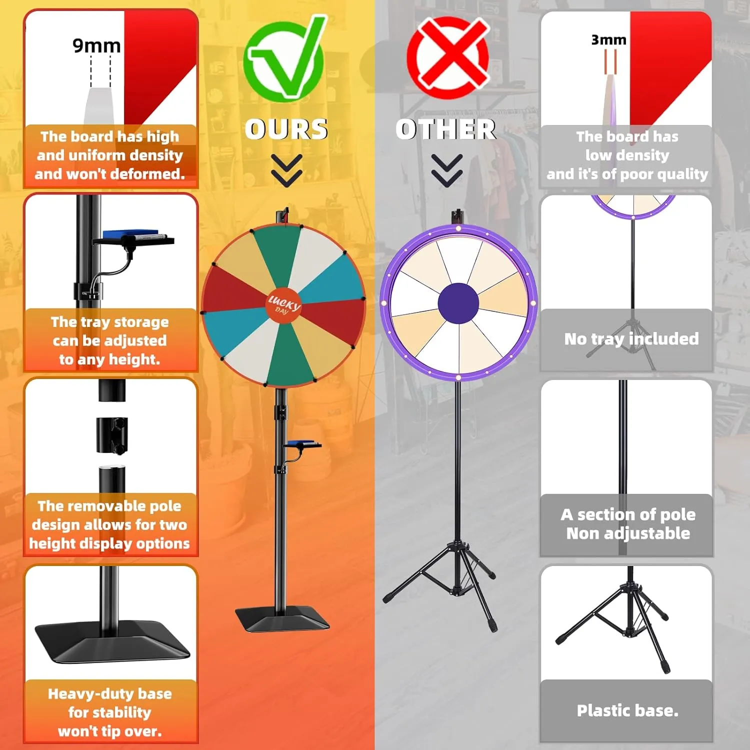 Heavy Duty Prize Wheel, 24 Inch Dual Use Prize Wheel,Adjustable Tabletop & Floor Stand, 10 Slots,1Bracket, Dry Erase Kit - Wheel of Fortune Game for Carnival, Casino & Trade Show.