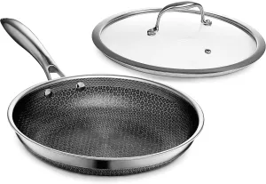 HexClad Hybrid Nonstick 10-Inch Frying Pan with Tempered Glass Lid, Stay-Cool Handle, Dishwasher-Friendly, Oven-Safe Up to 900°F, Induction-Ready, Compatible with All Cooktops